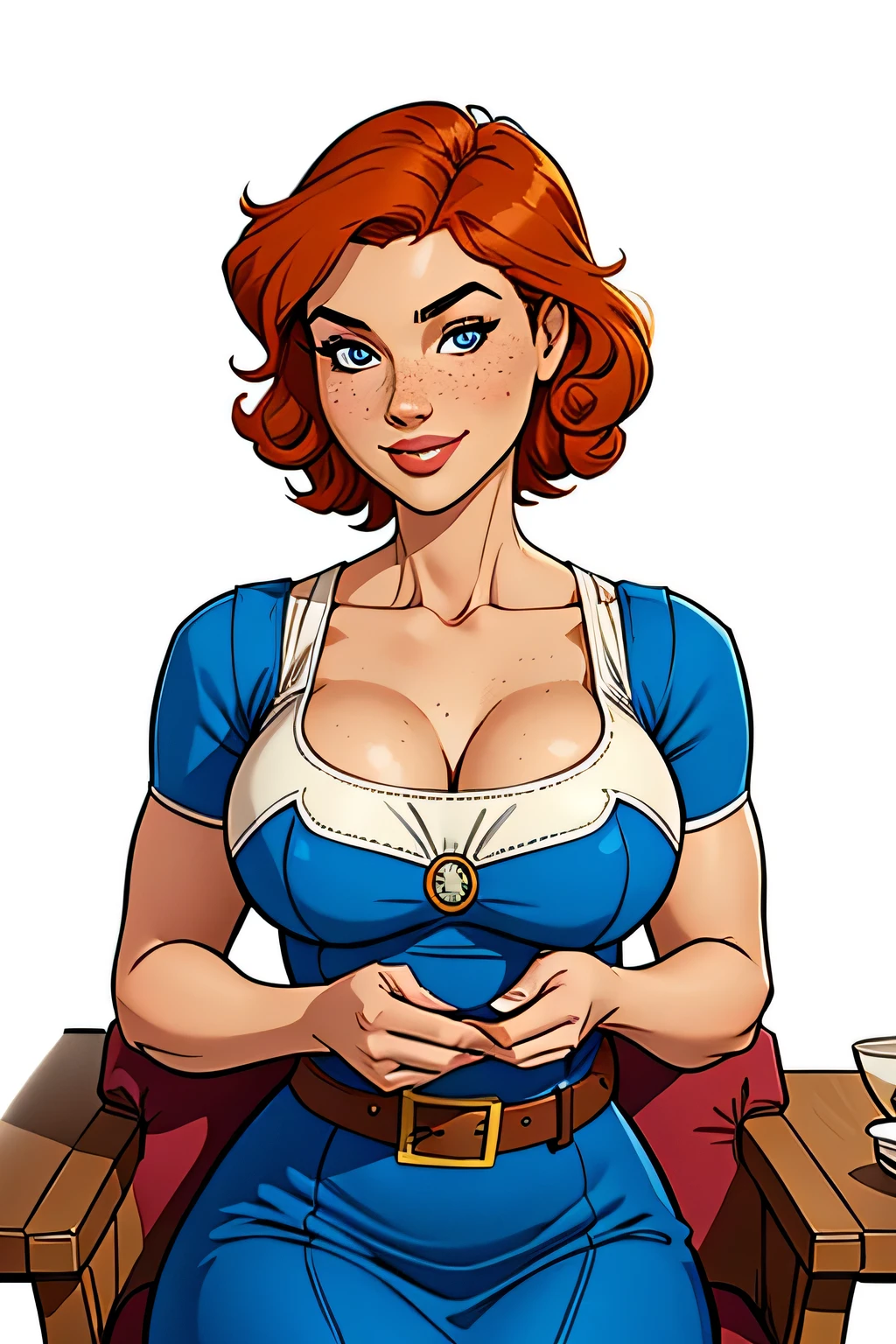 Athletic and thin woman, 25 years, 8k (high definition), cute smile, seductive look, blue eyes, nose fine, wearing a vintage blue dress ((square neckline, short sleeves)), arms positioned at the sides of the body, thin brown belt ((round buckle)), white skin, short curly orange hair ((shoulder height)), Sitting in an armchair, at the table ((upper body)), curvy with freckles on her chest and neck, Big, round breasts. Marvel style ((high quality)), white background.