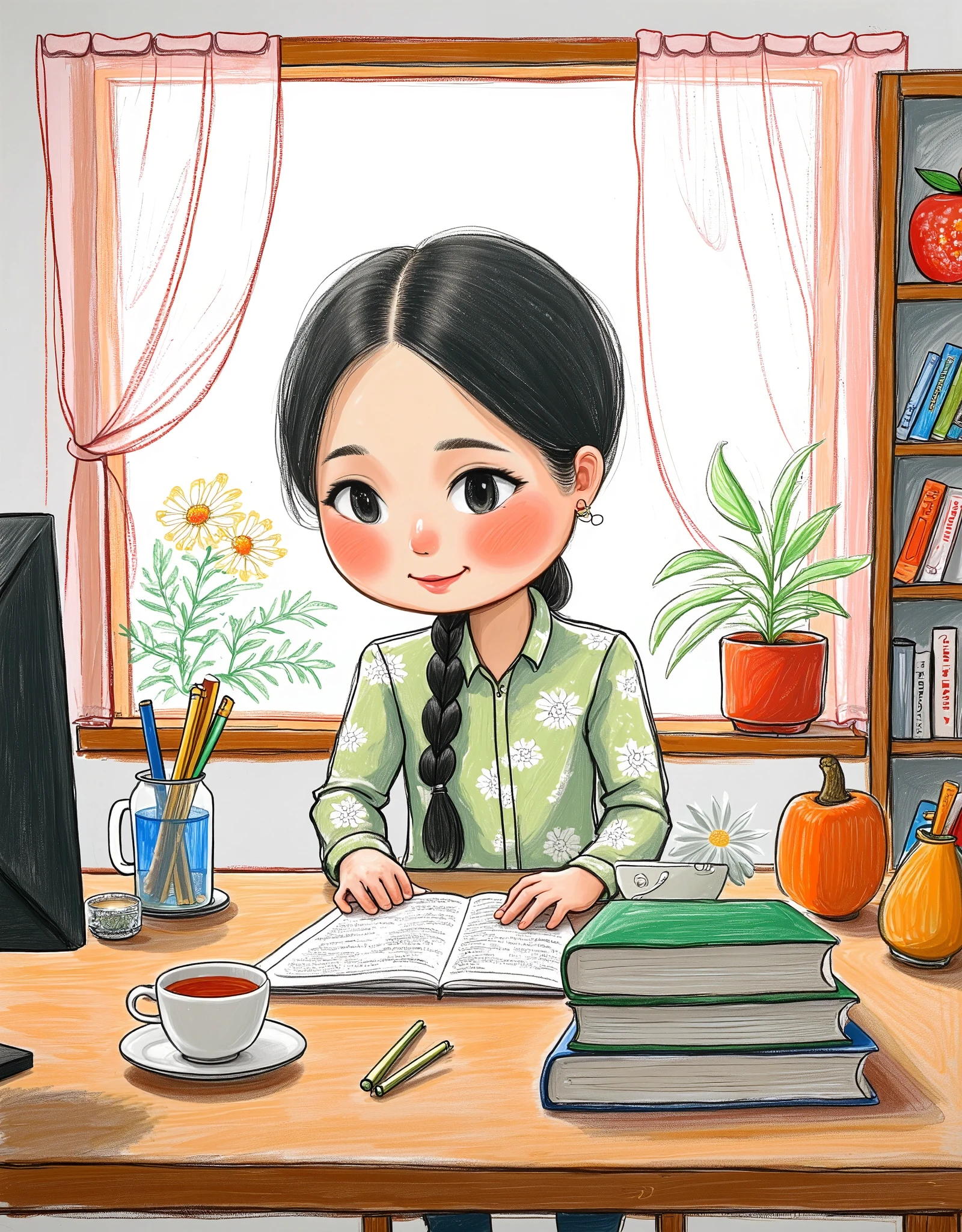 1 Girl,Wearing light green shirt with white flowers,Wearing glasses and looking at the screen,There are books and stationery on the desk,A cup of tea,There are flowers on the windowsill,Hollow tulle curtains,There is a bookcase next to it.,The sunlight shines in through the window screen,Tyndall light effect,
Highlight the picture, Cold temperament, Long shot, gorgeous, Master Composition, Unlimited details, High Detail, high quality, high resolution, masterpiece