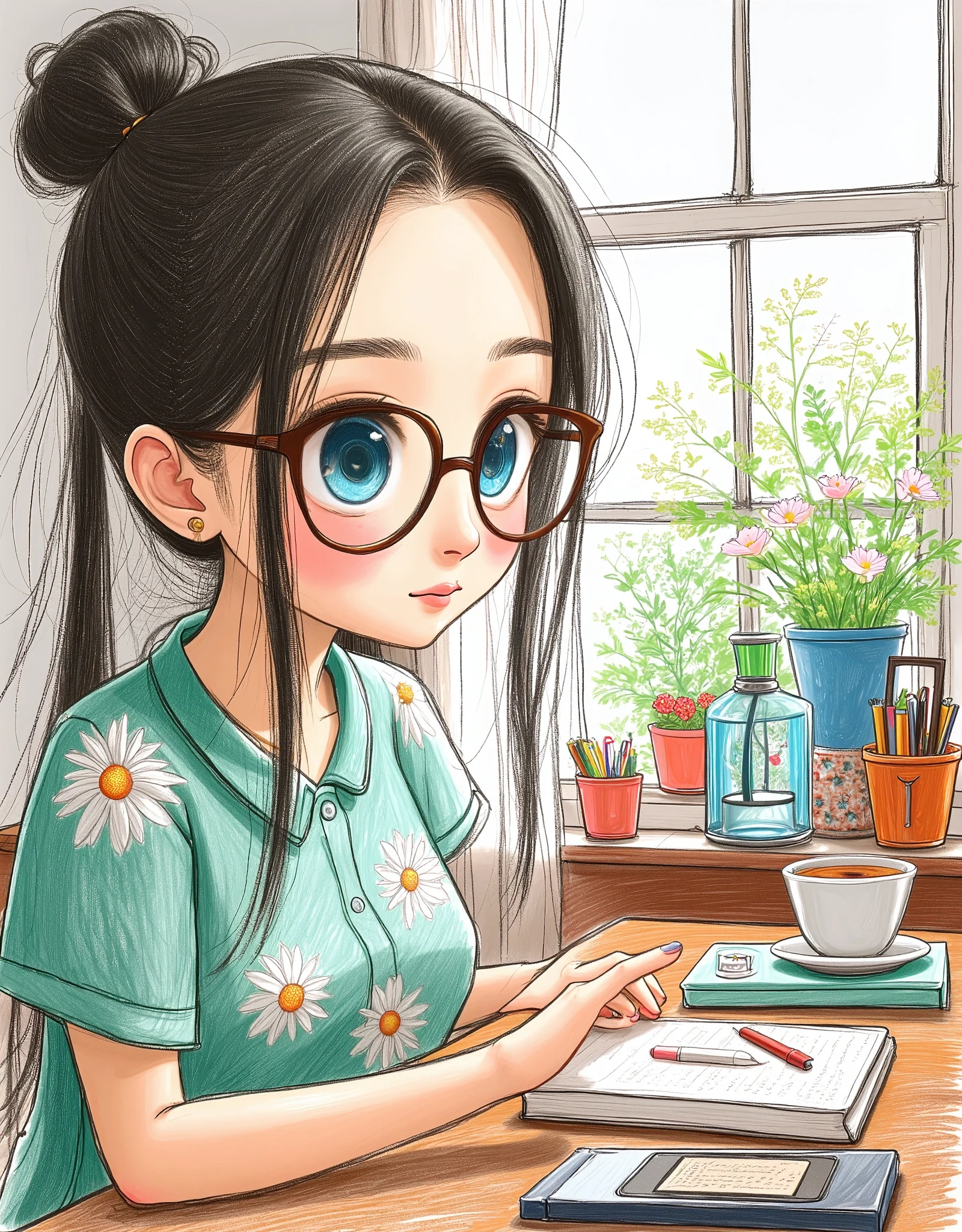 1 Girl,Wearing light green shirt with white flowers,Wearing glasses and looking at the screen,There are books and stationery on the desk,A cup of tea,There are flowers on the windowsill,Hollow tulle curtains,There is a bookcase next to it.,The sunlight shines in through the window screen,Tyndall light effect,
Highlight the picture, Cold temperament, Long shot, gorgeous, Master Composition, Unlimited details, High Detail, high quality, high resolution, masterpiece