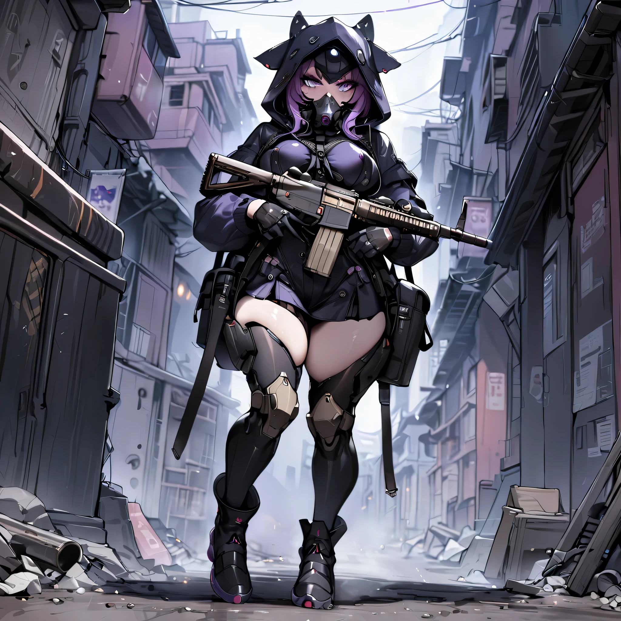 A Cyborg Woman, thick body, Thick lips, long eyelashes, Violet eyes, detailed eyes, beautiful eyes , masterpiece, She has an assault rifle in her hands, She is wearing a gas mask, ((She is wearing a black exosuit with high boots and a hood.)),