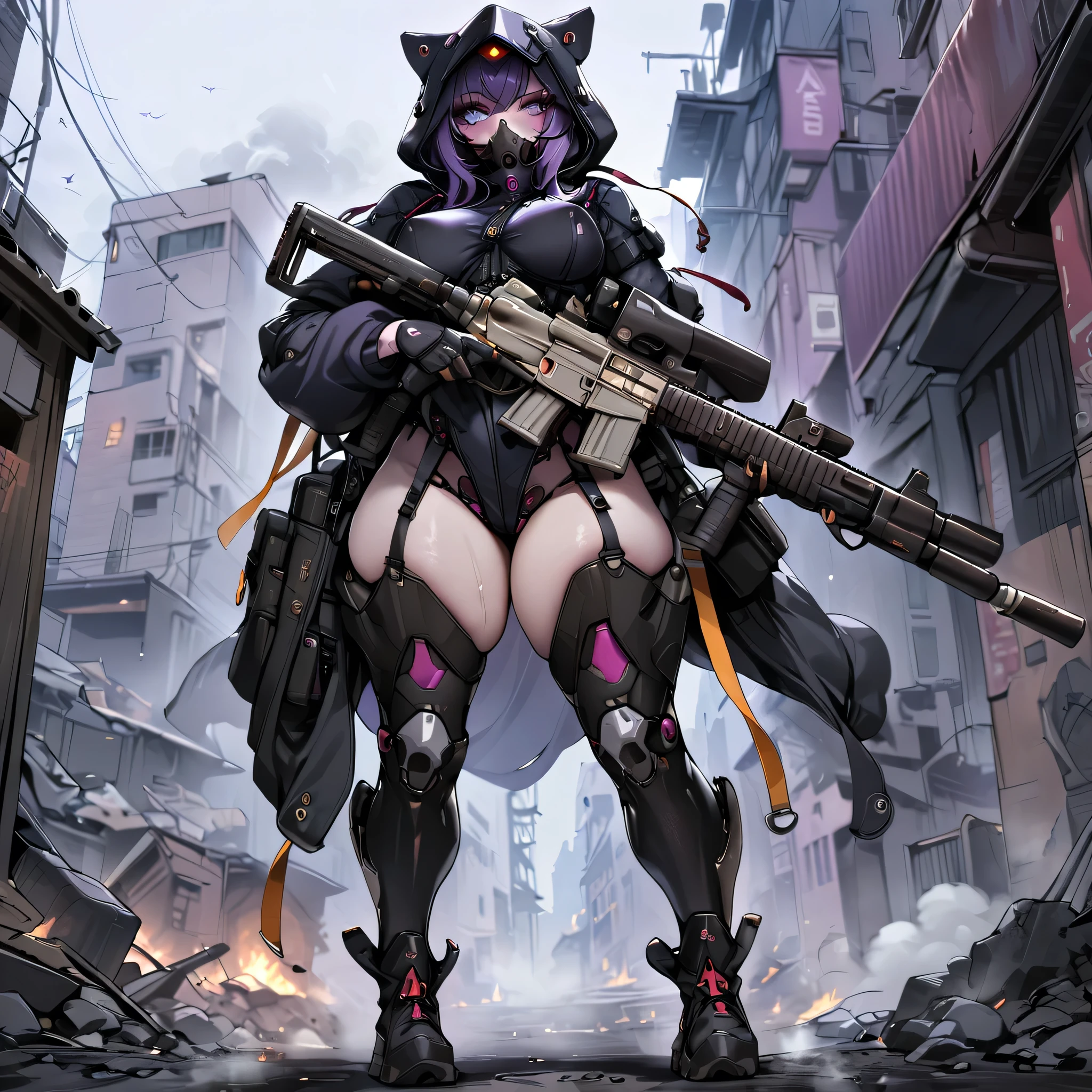 A Cyborg Woman, thick body, Thick lips, long eyelashes, Violet eyes, detailed eyes, beautiful eyes , masterpiece, She has an assault rifle in her hands, She is wearing a gas mask, ((She is wearing a black exosuit with high boots and a hood.)), 