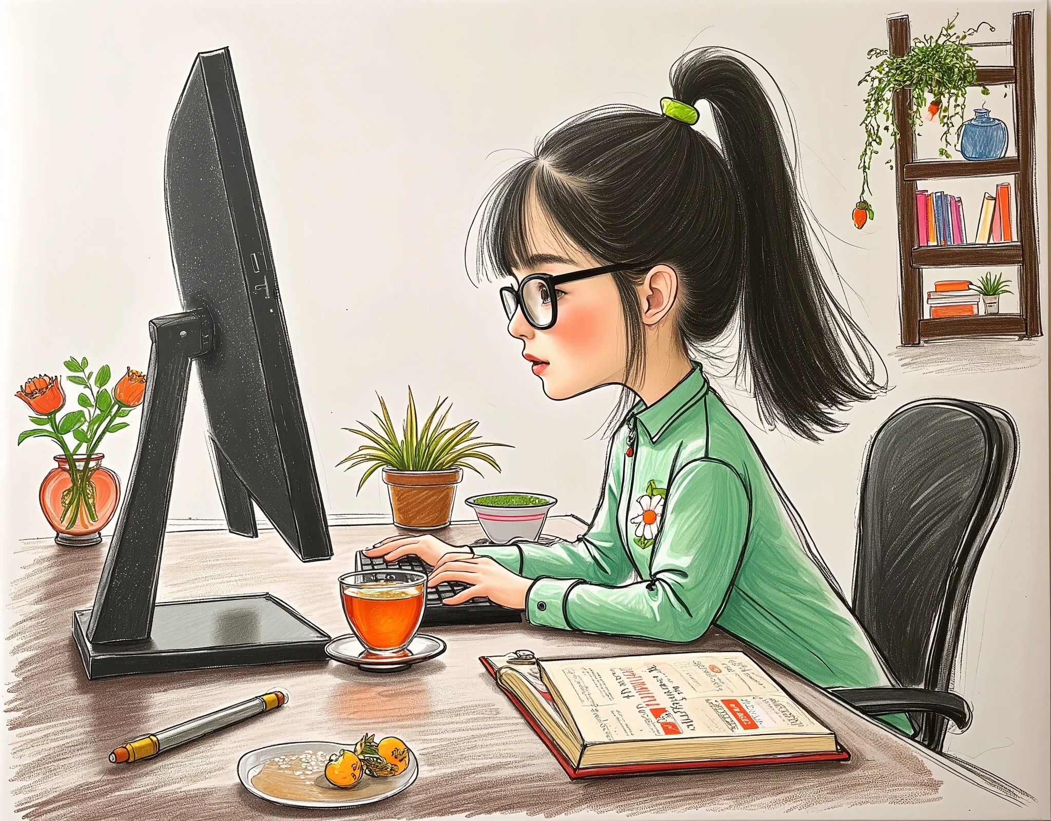 1 Girl,Wearing light green shirt with white flowers,Wearing glasses and looking at the screen,There are books and stationery on the desk,A cup of tea,There are flowers on the windowsill,Hollow tulle curtains,There is a bookcase next to it.,The sunlight shines in through the window screen,Tyndall light effect,Highlight the picture, Cold temperament, Long shot, gorgeous, Master Composition, Unlimited details, High Detail, high quality, high resolution, masterpiece
