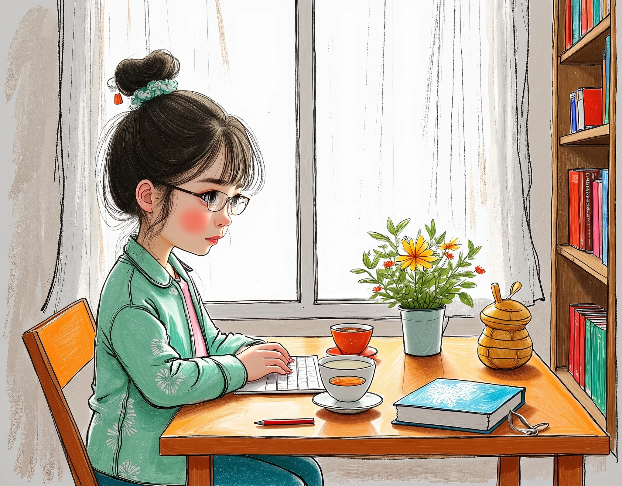 1 Girl,Wearing light green shirt with white flowers,Wearing glasses and looking at the screen,There are books and stationery on the desk,A cup of tea,There are flowers on the windowsill,Hollow tulle curtains,There is a bookcase next to it.,The sunlight shines in through the window screen,Tyndall light effect,Highlight the picture, Cold temperament, Long shot, gorgeous, Master Composition, Unlimited details, High Detail, high quality, high resolution, masterpiece