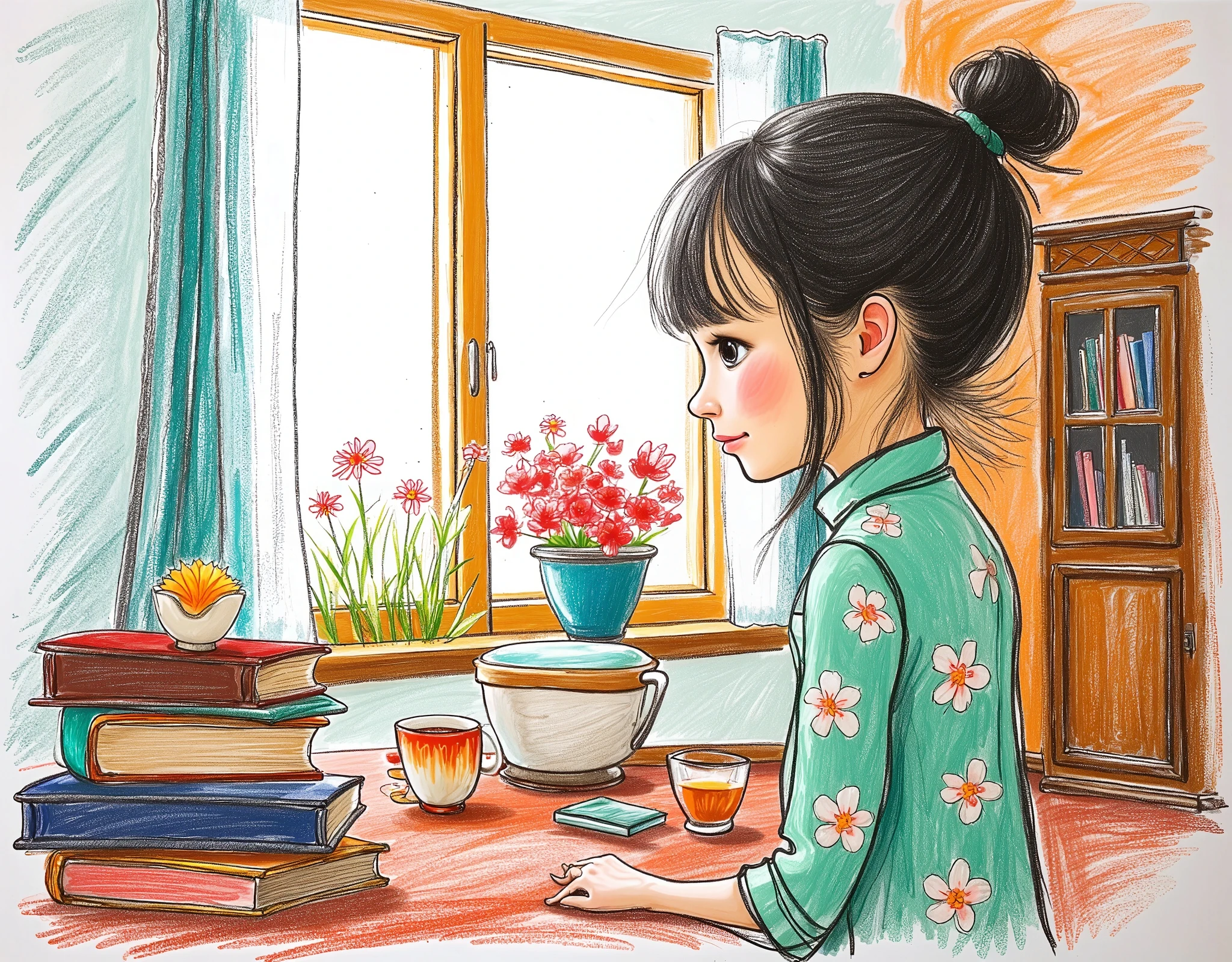 1 Girl,Wearing light green shirt with white flowers,Wearing glasses and looking at the screen,There are books and stationery on the desk,A cup of tea,There are flowers on the windowsill,Hollow tulle curtains,There is a bookcase next to it.,The sunlight shines in through the window screen,Tyndall light effect,Highlight the picture, Cold temperament, Long shot, gorgeous, Master Composition, Unlimited details, High Detail, high quality, high resolution, masterpiece