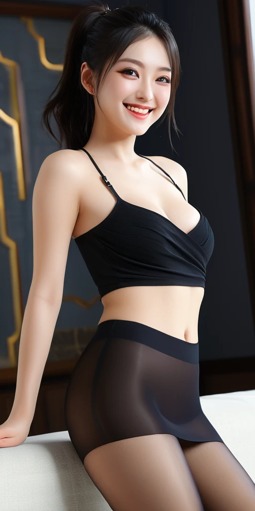 ((Cinematic light, Best quality, 8k, Masterpiece :1.3)), 1girl, Pretty woman with slender abs :1.4, (layer black hair, small breasts :1.3), transparent :1.2, strapless, seductive open lips, Couch, Ultra-detailed face, Detailed eyes, Double eyelid,(aodai),(high_heels)