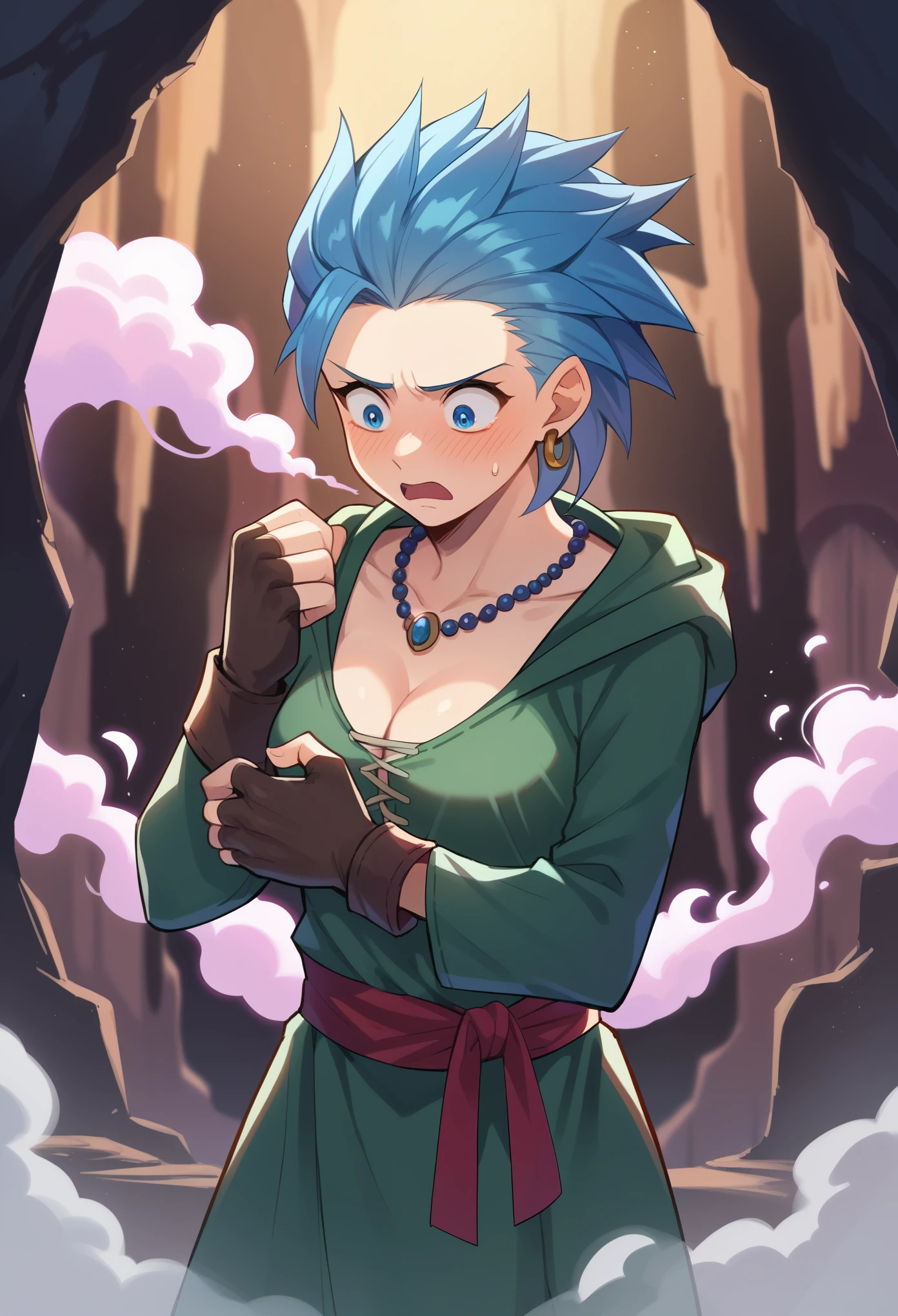 score_9, score_8_up, score_7_up, female focus,  1girl, solo, erik, spiked hair, green tunic, blue eyes, jewelry, earrings, blue hair,  medium hair, necklace, gloves, fingerless gloves, pants, brown gloves, standing, cleavage, shocked, mist, pink mist, pink smoke, nervous, blushing, looking down, inside a cave, dark cave