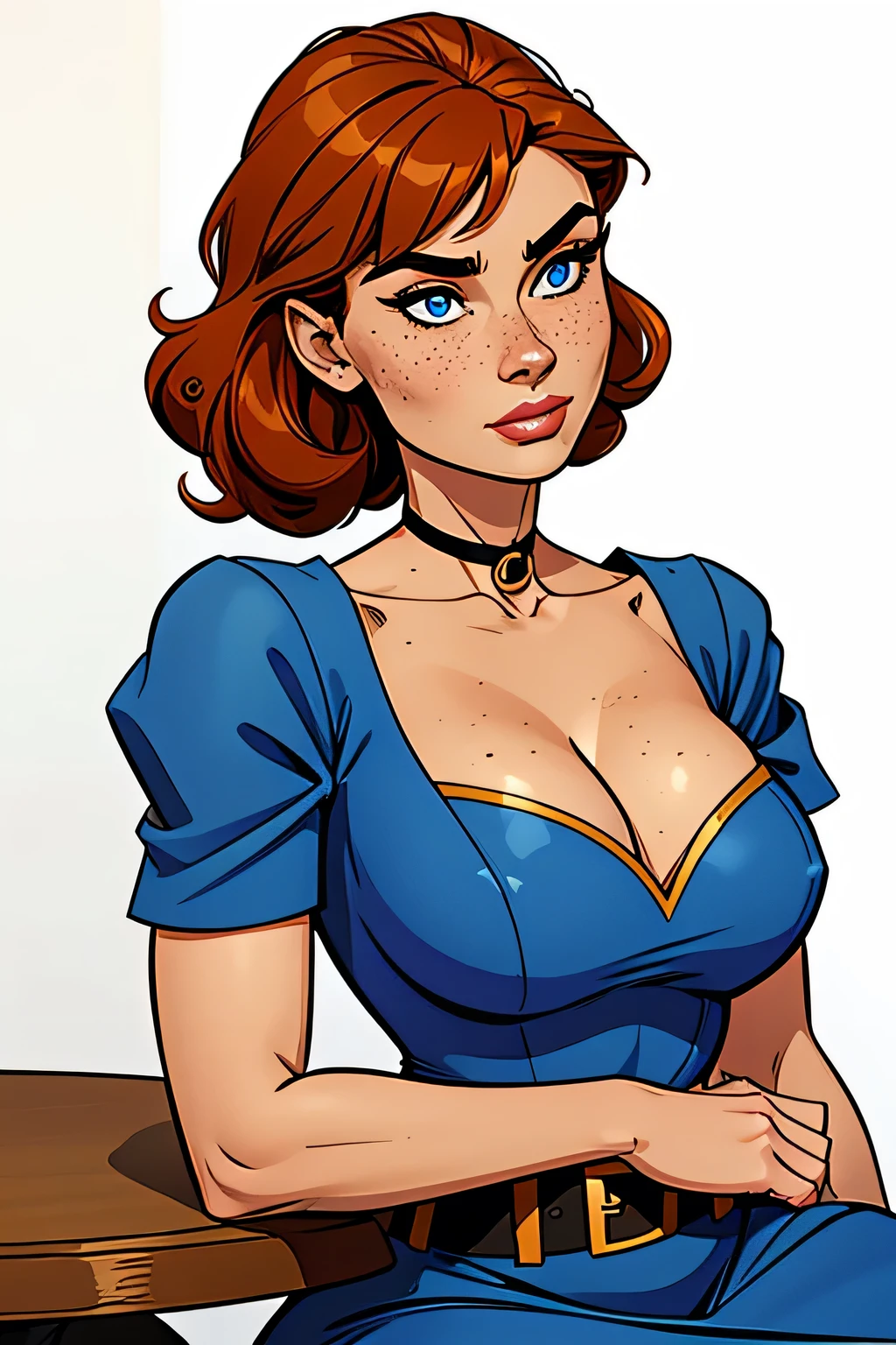 Athletic and thin woman, 25 years, 8k (high definition), thoughtful expression, seductive look, blue eyes, nose fine, wearing a vintage blue dress ((square neckline, short sleeves)), arms positioned at the sides of the body, thin brown belt ((round buckle)), white skin, short curly orange hair ((shoulder height)), sitting at the dinner table ((upper body)), curvy with freckles on her chest and neck, Big, round breasts. Marvel style ((high quality)), white background.
