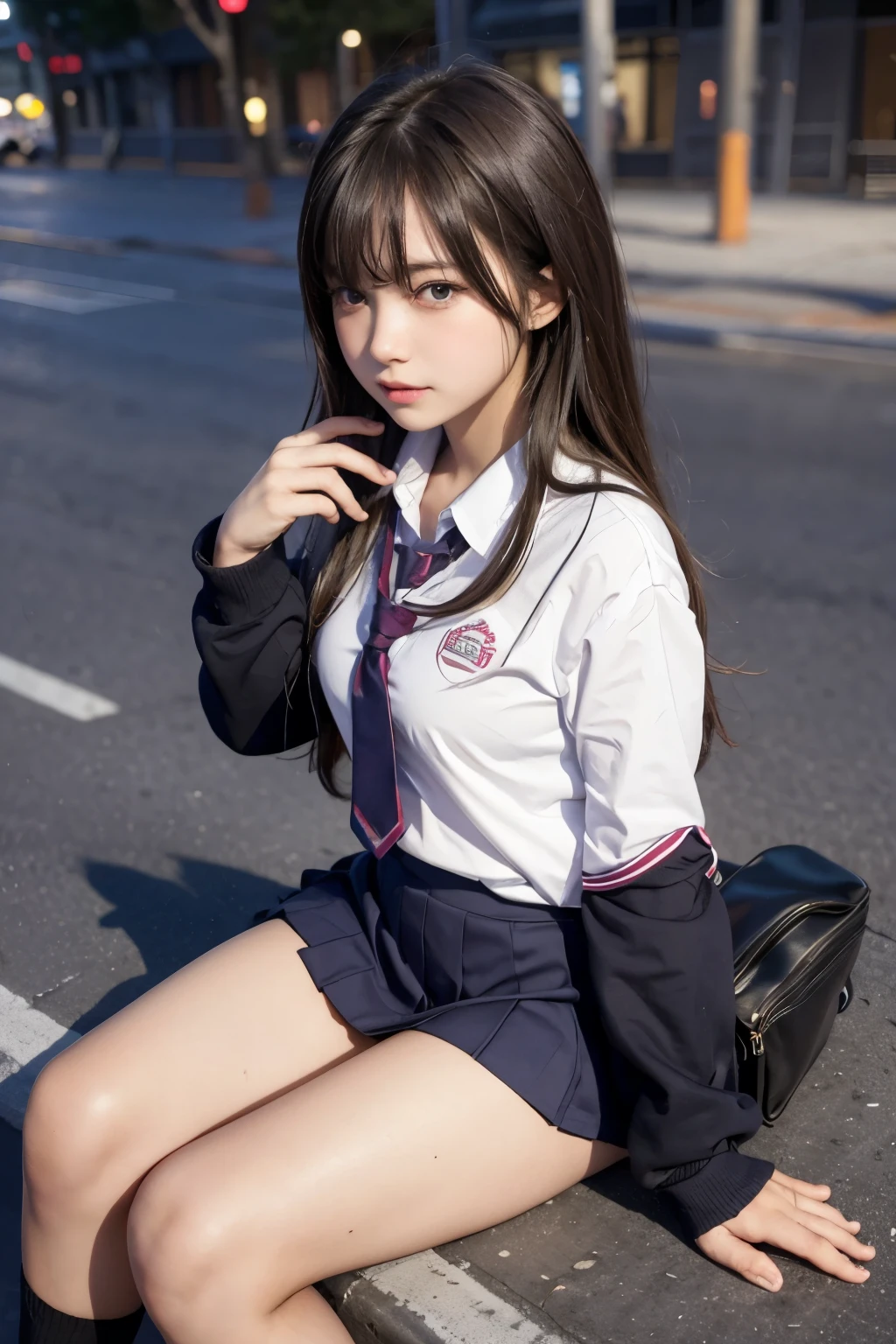 Long eyelashes、Beautiful double eyelids、Three white eyes、Duck mouth、(8K、RAW Photosgraphy、Highest quality、masterpiece:1.2)、(Realistic、Photorealistic:1.37)、Ultra-high resolution、One Girl、cute、huge 、Beautiful Eyes、Cleavage、Perfect body、Perfect Fingers、Professional Lighting、Japanese Goddess、gravure、Detailed face and skin texture、Detailed eyes、RAW Photos、90 degree knee、Place your heels on the ground、Hands in front of feet、Hug my feet、Kneeling、Sidewalk、RAW Photosgraphy、Ultra-high resolution、Beautiful face in every detail、Realistic human skin、Gentle expression、View from the front、Angle from below、Hair length、cute、Short skirt、Lurking deep in the city、Cute high school girl、Japan Uniform、Surreal school girl、(((White panties are visible)))