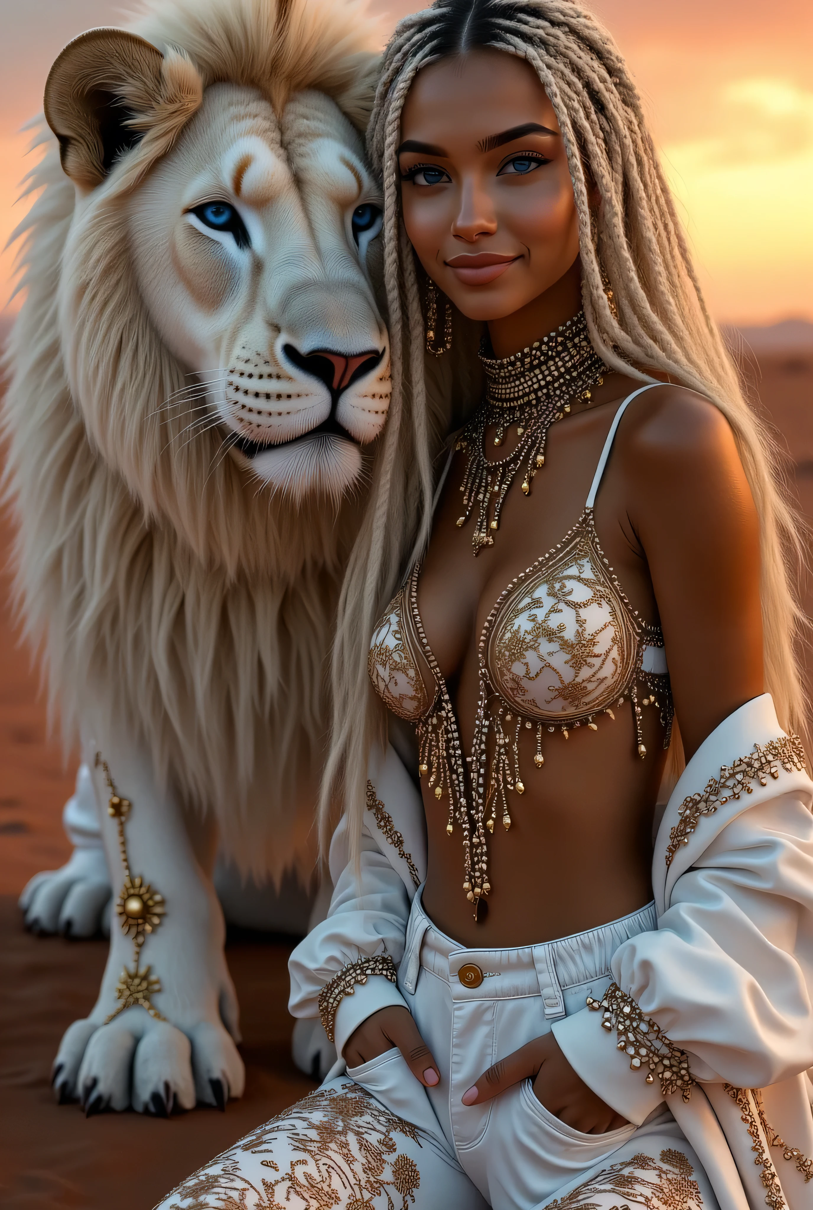 a beautiful woman with perfect breasts, highly detailed, hyper-realistic, extremely detailed facial features, with her pet lion bright colourful, beautiful eyes, long eyelashes, elegant, graceful, flowing hair, porcelain skin, feminine curves, cinematic lighting, warm color palette, 8k, photorealistic, award winning digital art