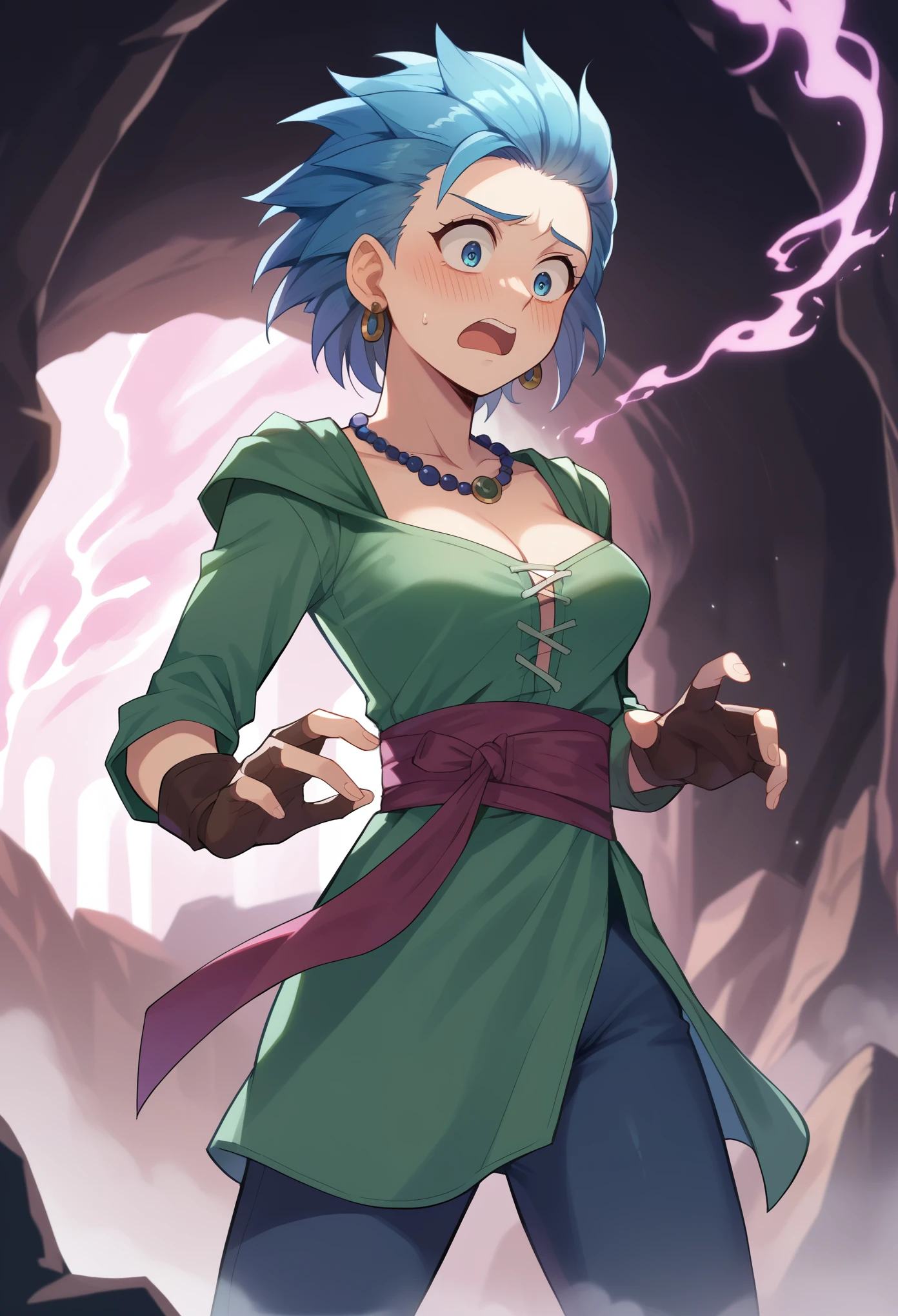 score_9, score_8_up, score_7_up, female focus,  1girl, solo, erik, spiked hair, green tunic, blue eyes, jewelry, earrings, blue hair,  medium hair, necklace, gloves, fingerless gloves, pants, thigh pants, brown gloves, standing, cleavage, shocked, mist, pink mist, pink smoke, nervous, blushing, looking down, inside a cave, dark cave