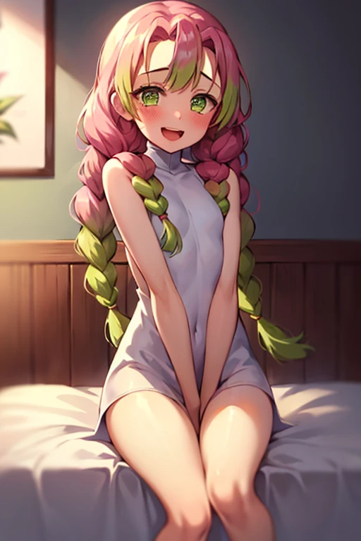 ((Best Quality)), ((masterpiece)), (be familiar with), Perfect Face, indoor, bedroom, Watching the audience,
One woman, Kanroji Mitsuri,
Open Mouth, Ecstatic expression, blush, smile,
Small breasts, Flat Chest, , , child, Girl,
Long Hair, Braids,
Leg spread,