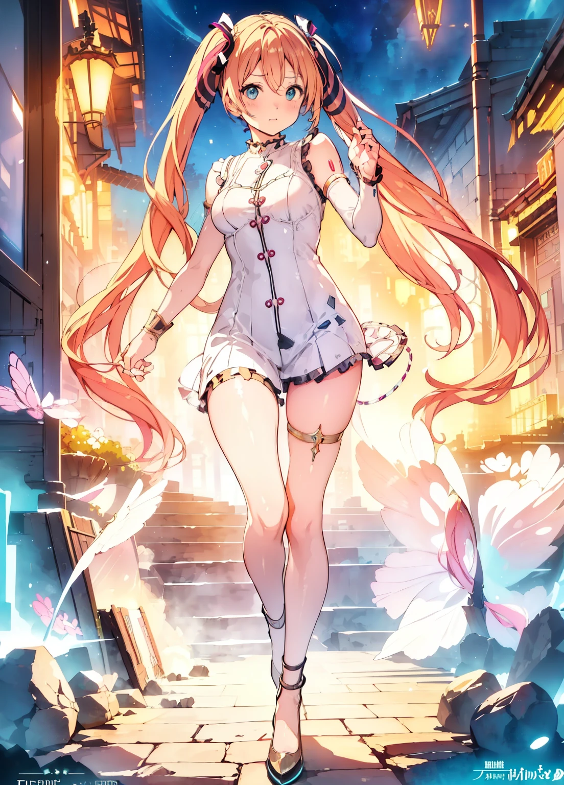 (masterpiece、Best Quality、Best Quality、Official Art、Beautiful and beautiful:1.2)、(One person:1.3)Hatsune Miku、Twin tails,Beautiful breasts,Dim orange moonlight,Dim orange neon lighting,night,Beautiful woman in uniform in the bustling city of Gintama, Surrounded by sellers, Beautiful portrait of a breathtaking goddess girl, Beautifully detailed face, Porcelain Skin, Full Body Shot, Center, Super soft lighting, Symmetric, Complex, elegant, Very detailed, Realistic, Art Station, Concept Art, , Imagined by greg rutkowski and borris vallejo, cover, Trending Style