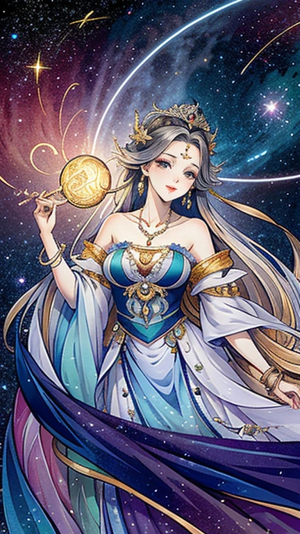 （masterpiece，Best Quality，High resolution, Unity8k wallpaper, Official Art), (One young beautiful girl), colorful, Detailed illustration art, Super detailed，Large Breasts, (Intertwined, Datura stramonium, Tangle), The Goddess, White lace dress, Silver Tiara, necklace, earrings, Gold Bracelet, Off the shoulder, Look at me and smile, Divine Light, Like a painting, flash drawing，Vibrant colors, Perfect Majic, Fantasy World, background, star雲, star, milky way, Detailed digital art, 