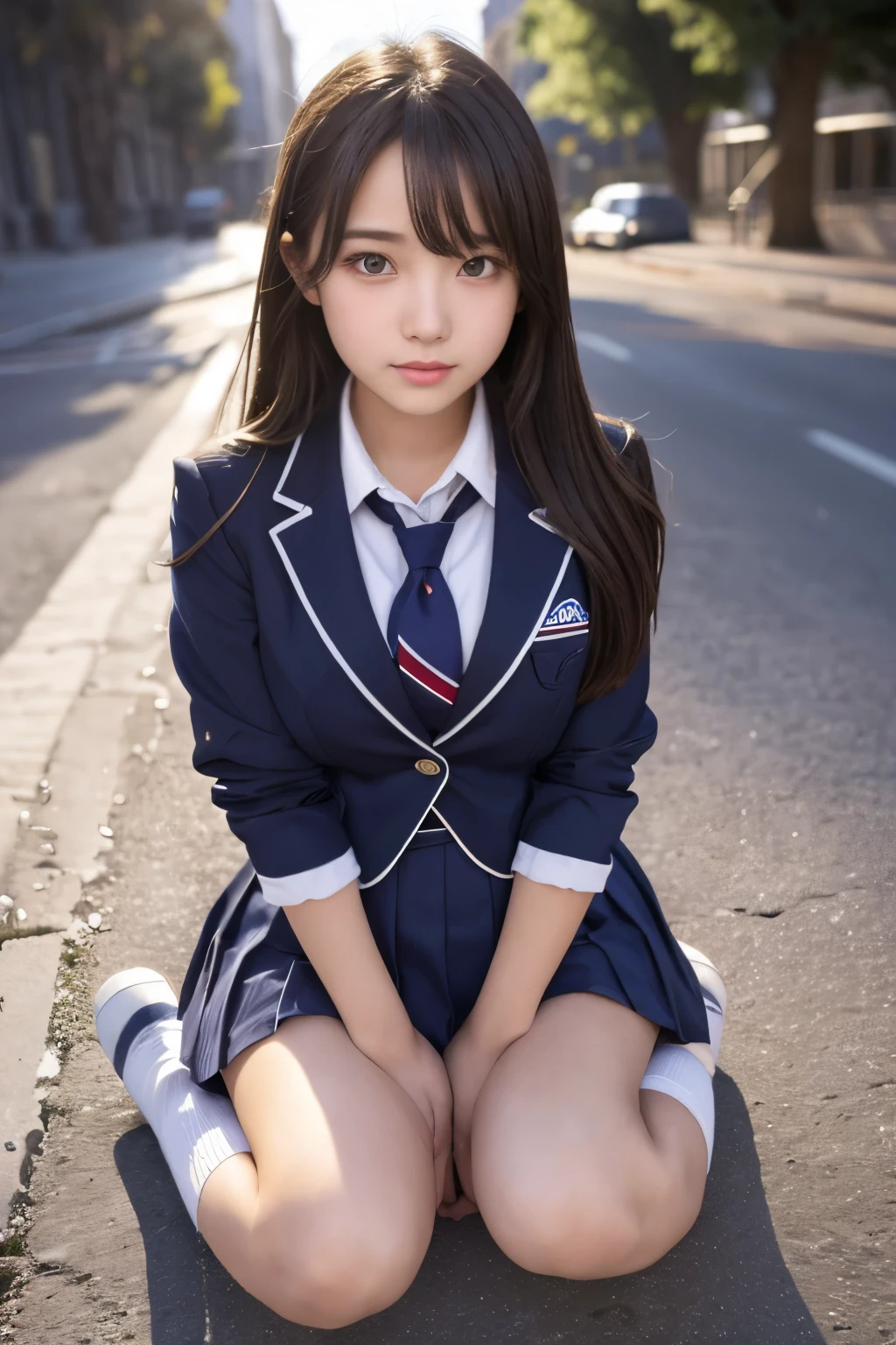 Arabian Asian woman in uniform sitting on the ground, cute , Surreal , ポーズをとるhigh school girl, Japanese , high school girl, Japanese girls uniform, Surreal , Young and cute gravure idol, seifuku, Realistic young gravure idol, Wearing Japanese clothes , 美しいアニメのhigh school girl