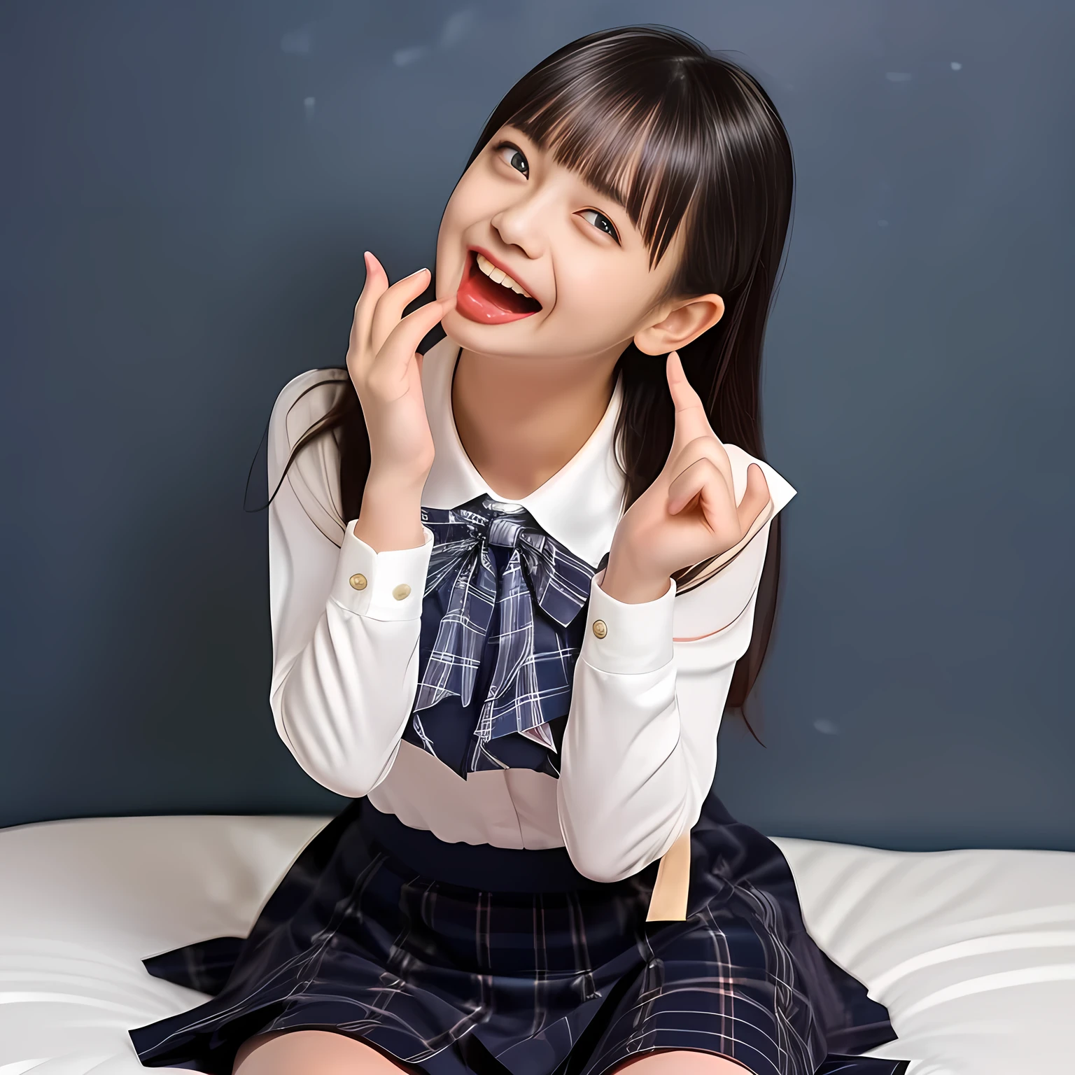 (Highest quality, masterpiece:1.2), Highest quality, High resolution, 1080P, 8k, height: 158cm, (Multiple cute girls are licking me with long cute glossy tongue: 1.7), (Noble, Japanese yo truly-girly-girl is seated on a blue gorgeous bed and smiling directly at me in school uniform, Looking up at me deeply, blushed shyly, Hypnotizing me with her cuteness: 1.8), looking at the viewer, well-grown breast and nice style, (well arranged, balanced, untied, neat glossy wavy wavy super-long hair), (Half-closed, Very sleepy, Double-deep-eyelids, completely balanced, brown large large dreaming Japanese 12 eyes are looking up to me!, with detailed beautifully: 1.6), (Very-glossy lustrous lips: 1.8), (high nose: 1.2), (Rich and long bottom-eye-slashes), (Drives me crazy for her navy-colored neat tartan plaid blue skirts and make me fall into her navy-colored plaid-print pleats skirt: 1.4), (Fine white-face that looks like she has never been out of home: 1.6), (Noble lolita girly feminine frilled frilled clean frilled white girly long-sleeves blouse: 1.6), (Navy pleated plaid skirt: 1.5), (Plain-white big ribbon on the breast), (The background is a hypnotizing blue bed of evil-succubus background: 1.8), (Girl whom everyone loves because of her beauty and neat school fashion and noble manner and magic-charm of succubus: 1.7), (full body shot from above her head), (jolly face expression), (evenly cut curled glossy rich beautiful bangs: 1.6), (bright light hitting her white-face and skirt clearly beautifully), (Very very large, dreamy, Adorable eyes, Looking deeply at me: 1.5), white-shining skin, (She is touching her lips with her both hands finger: 1.2), (Open laughing like licking me with her tongue shyly: 1.5), (World of succubus atmosphere)