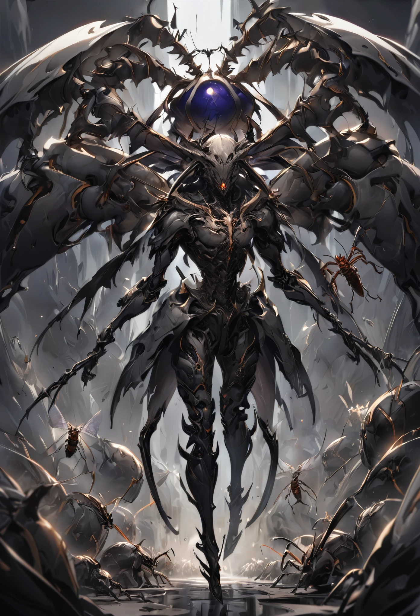 being with a gray humanoid body with only one eye, carrying a staff with a dark blue sphere, tall, thin, black eyes, legs similar to a cockroach with a scorpion, seven-point marks on the body, its body has an exoskeleton like that of insects, evil and black aura, 8k high definition and high definition details
