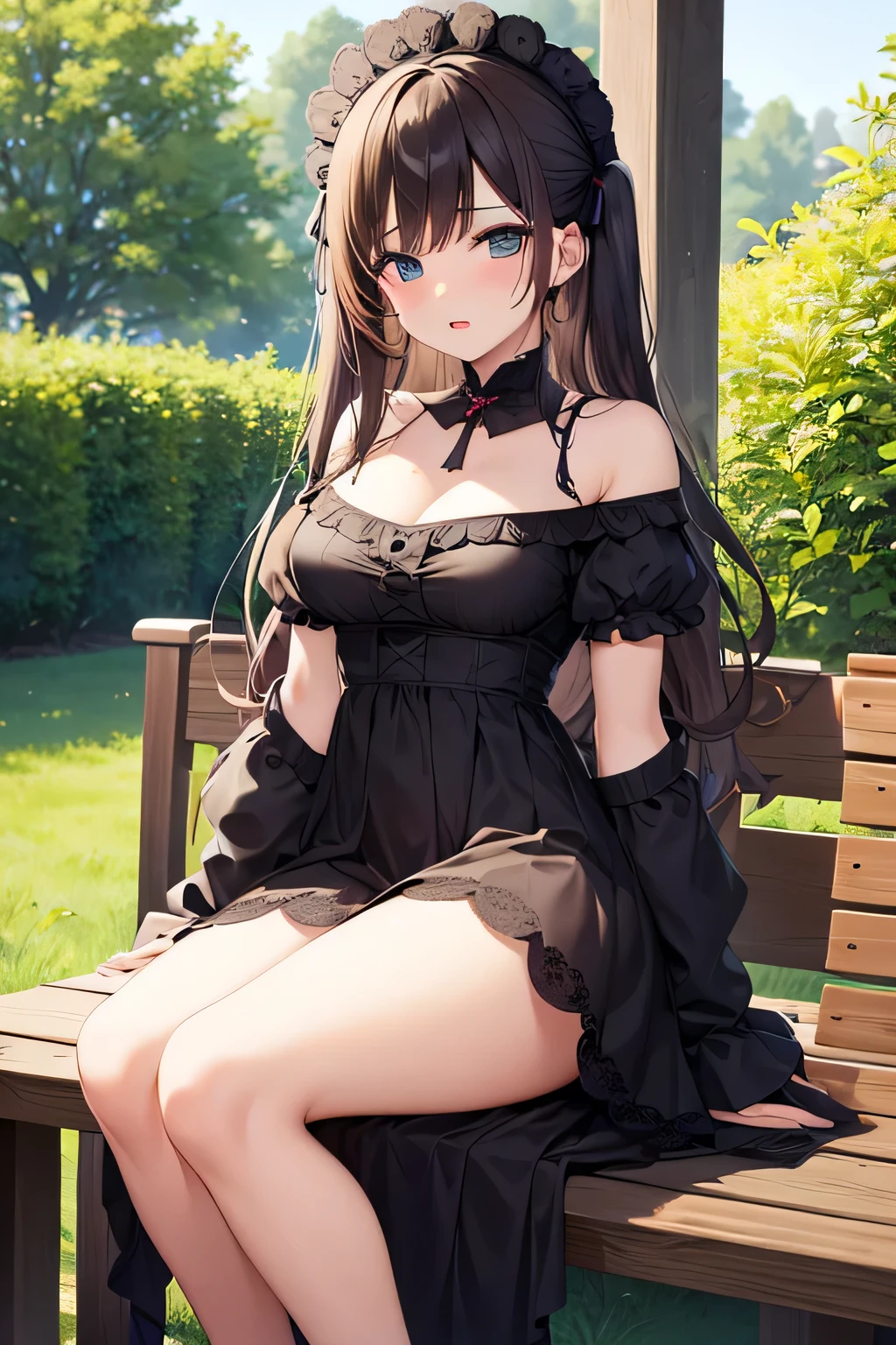 masterpiece, best quality, tachibana arisu, solo, (petite), brown eyes,brown hair,half updo,hair bow,
 smile, :o, sitting, gothic lolita, (open clothes), (clothes lift), small breasts, nipples, panties, garden,