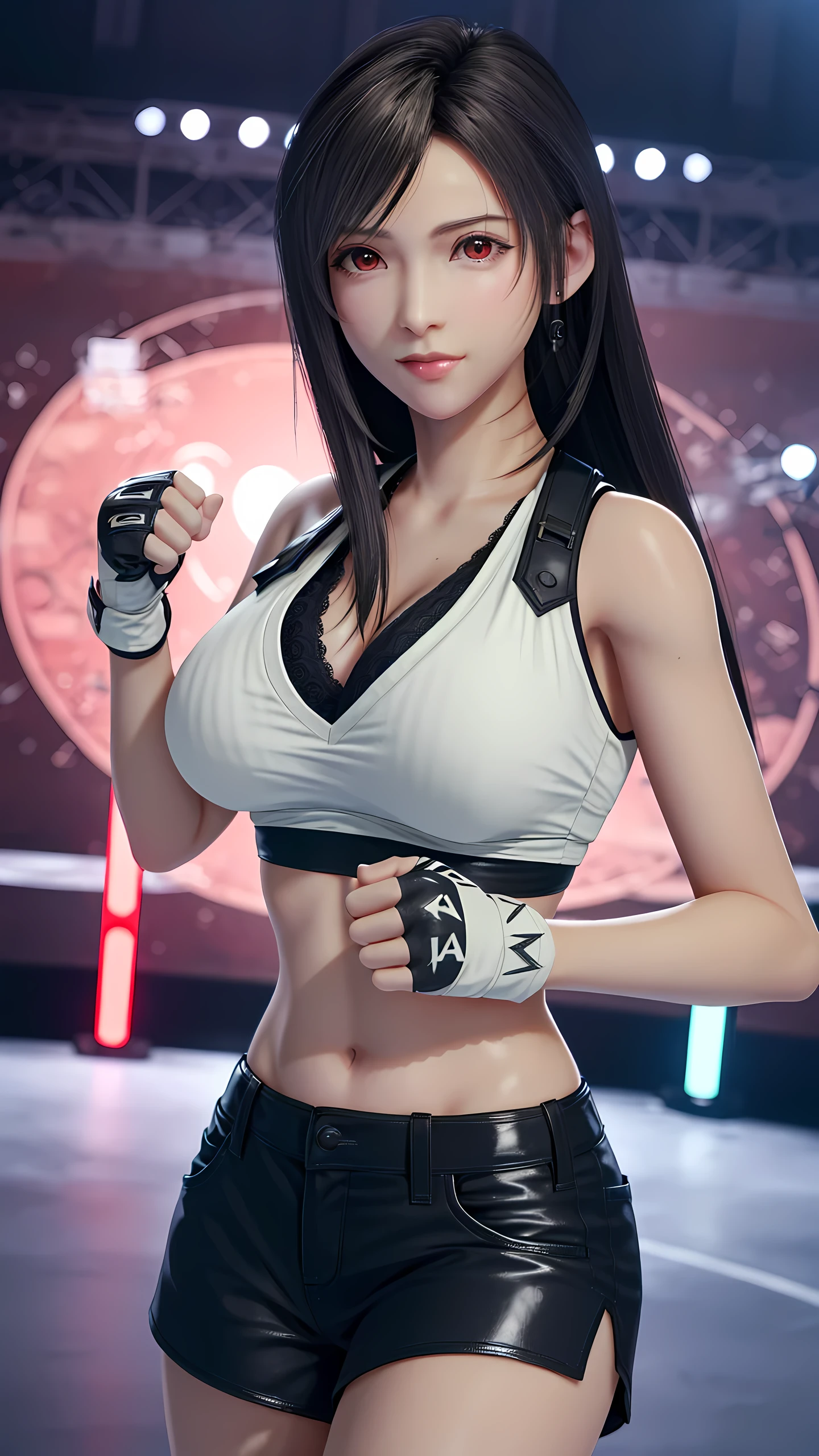 nsfw, (((shirt lift:1.5, showing nipples))), (top quality, masterpiece), (((FF7,Tifa_lockhart))), rocket tits, (((suspender, tank tops, A dark-haired, length hair, elbowgloves))), ((Beautiful detailed red eyes)), (Beautiful highlights of red eyes)), Facial light, navel, High exposure, (((tight mini-skirt))), Exposure of the abdomen. ribs, abs, nsfw, shirt lift:1.5, (showing nipples), (solo), (bar counter), Ultra-detailed face, (((FF7,Tifa_lockhart))), (black brown hair, big breast: 1.8),nsfw, (showing nipples), about 18 years old,kawaii, (seductive smile:1.3), nsfw, shirt lift:1.5, (showing nipples)