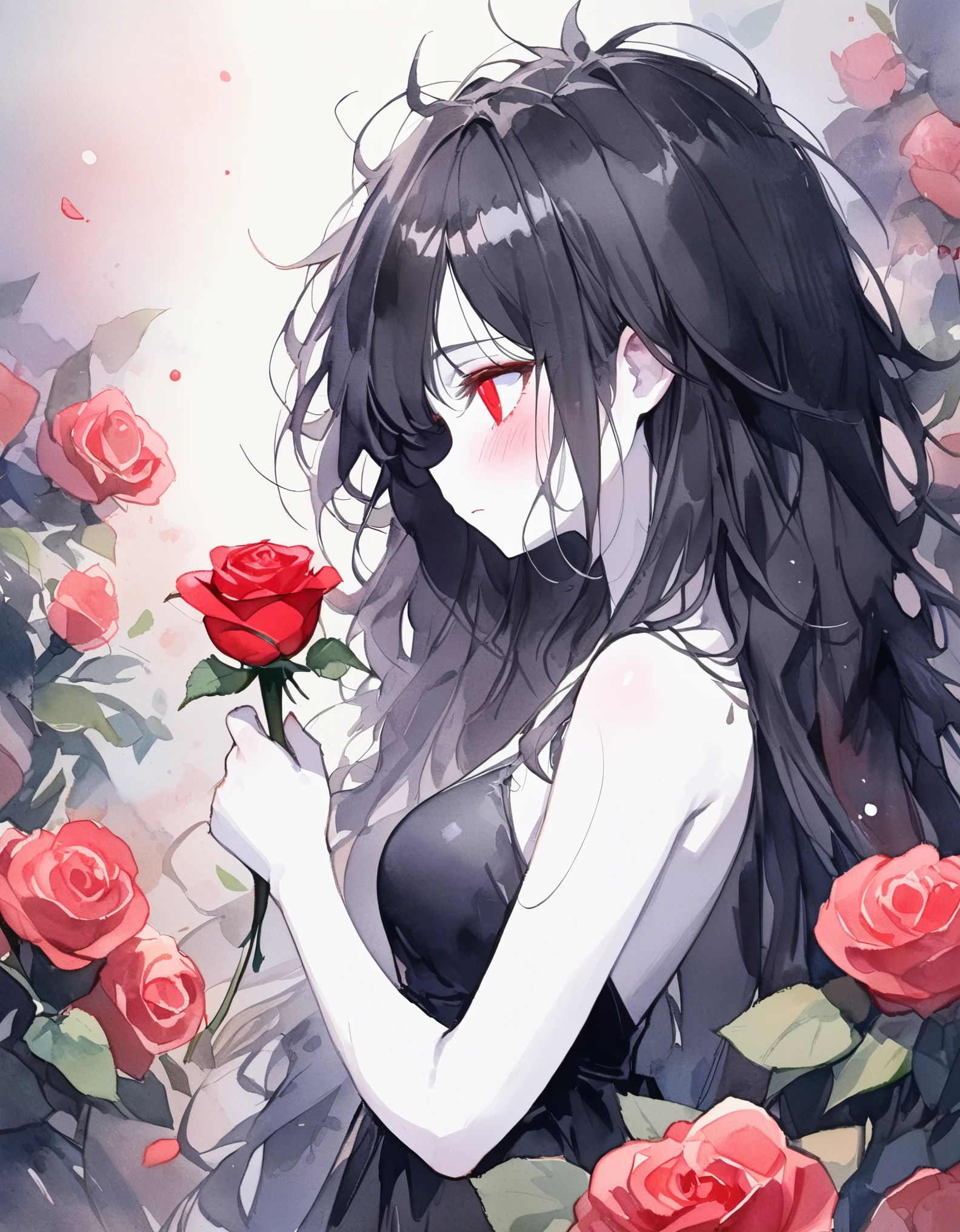 1 female, black hair, semi long hair,messy hair,red eyes,white skin,empty eye,Blushing,albino,from side, looking away,From the chest up,(Holding a single red rose),focus face,((black nair polish)),Surrounded by roses,bare arms, black dress,rip, eyeshadow, eyebrows ,medium breast,dark background,red Tone,watercolor,masterpiece,best quality,ultra detail, beautiful face, pare skin, perfect hand,perfect finger