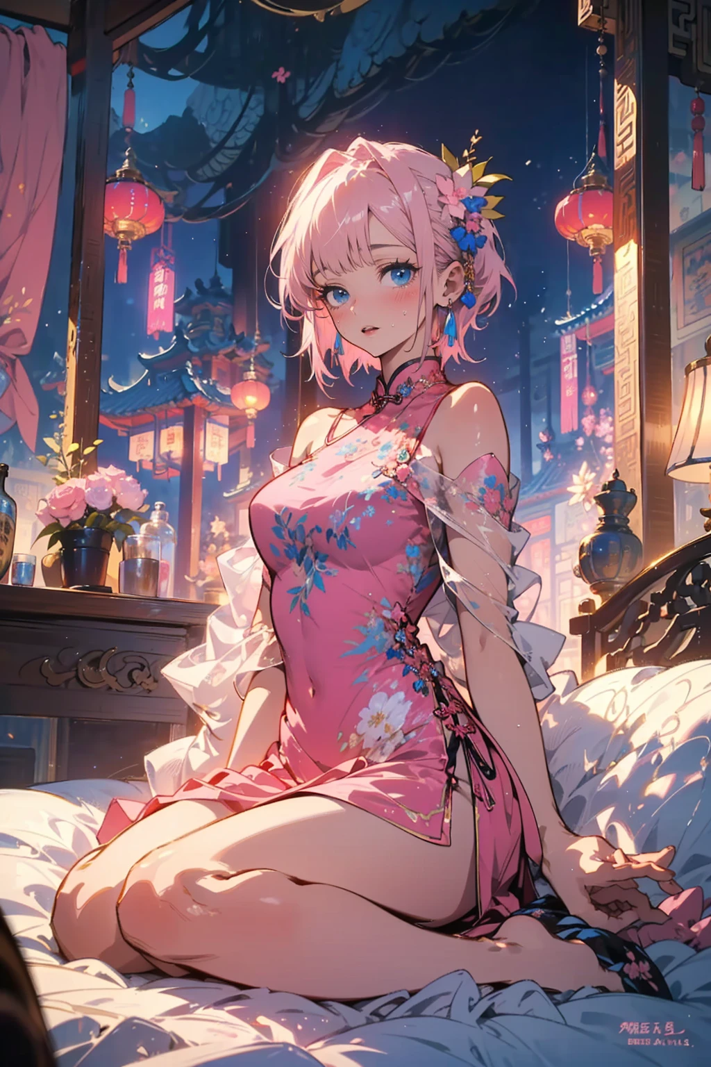 Highest quality, masterpiece, High resolution,A woman wearing a slit Chinese dress,Pink hair and blue eyes,The background is pure white