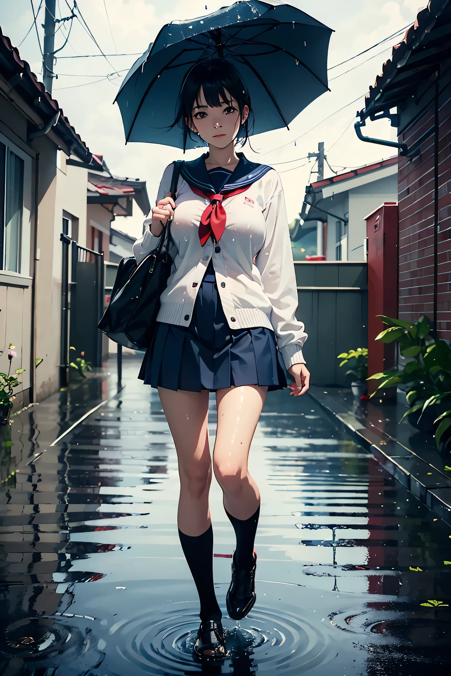 masterpiece, best quality, highly detailed,{{1girl}}, outdoors, short hair,  pink_hair, parted lips, looking at viewer, realistic, real world location, hand in own hair, close to viewer,  {{upper body}}, rain, wet clothes, see-through, city, cityscape, building,   metal collar, tears, school uniform, plunging neckline, shop, fore store, black and white clothes, looking down, kneeling, school bag,