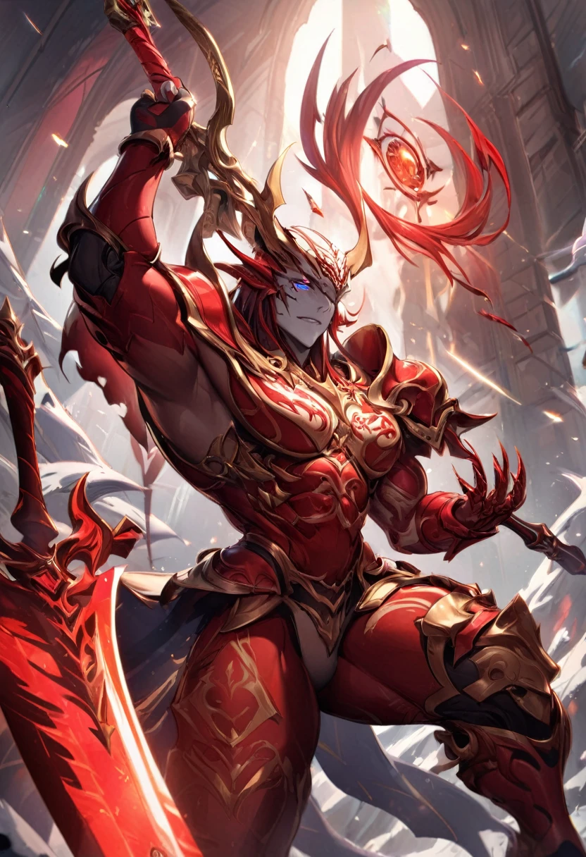 a red dragonborn, the right arm is normal and the left is golden with a magical glow, with a draconian tattoo on the left eye, a magical red sword with a magical link, black and red paladin armor, strong physique, high definition 8k, high definition in the details