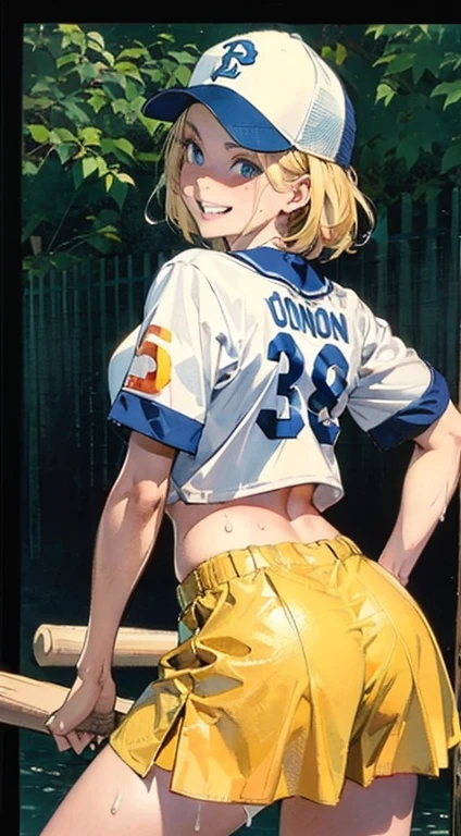 1girl, arm_behind_head, arm_up, armpits, badge, bangs, bare_shoulders, blonde_hair, blush, breasts, brown_eyes, brown_gloves, brown_headwear, button_badge, buttons, collarbone, forehead, gloves, hand_on_headwear, hat, hot, looking_at_viewer, naked_overalls, open_mouth, overalls, parted_bangs, paul_bunyan_\(fate\), presenting_armpit, ribs, short_hair, simple_background, small_breasts, smile, solo, steaming_body, straw_hat, sun_hat, sweat, upper_body, white_background, yellow_eyes