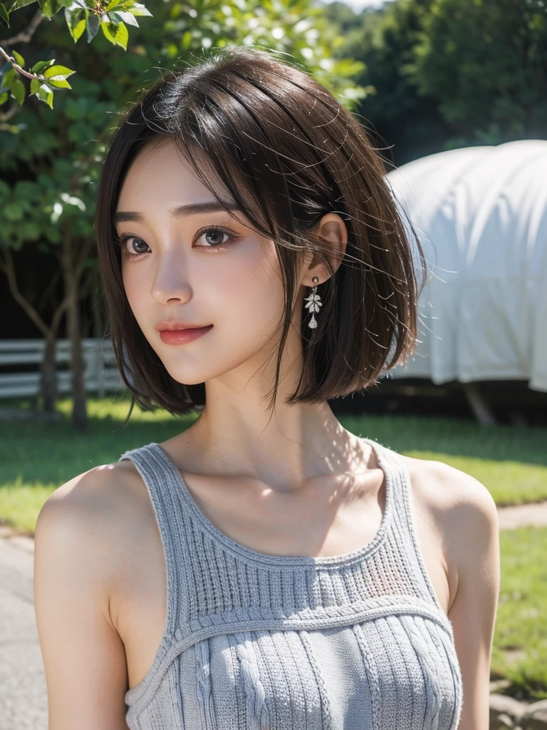 25 years old girl with short hair, adorable, light purple top.