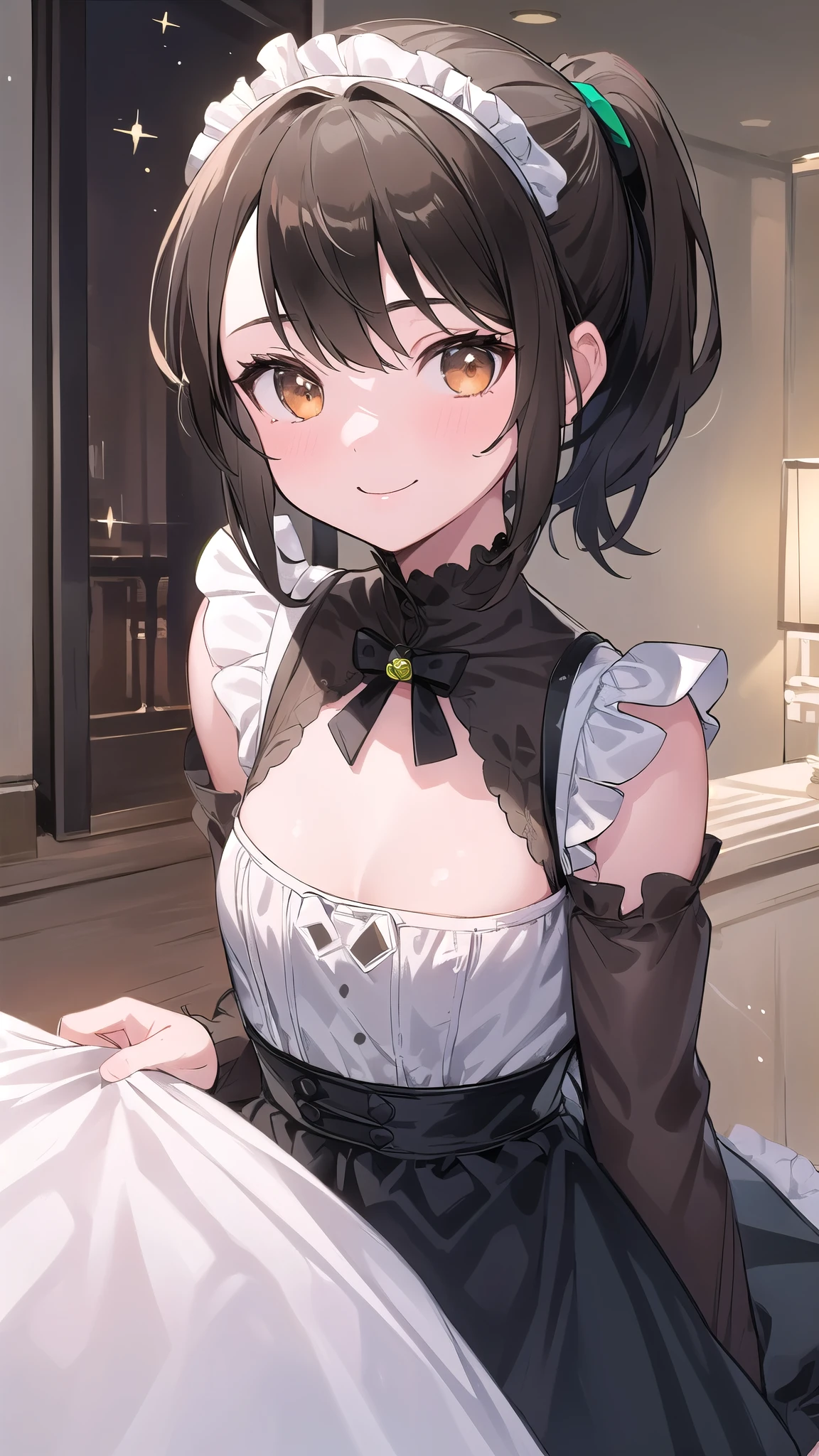 (masterpiece, best quality:1.2), cowboy shot, solo, 1girl, dccnao, smile, looking at viewer, hand on own chest, waitress, apron, detached sleeves, black thighhighs, bare shoulders