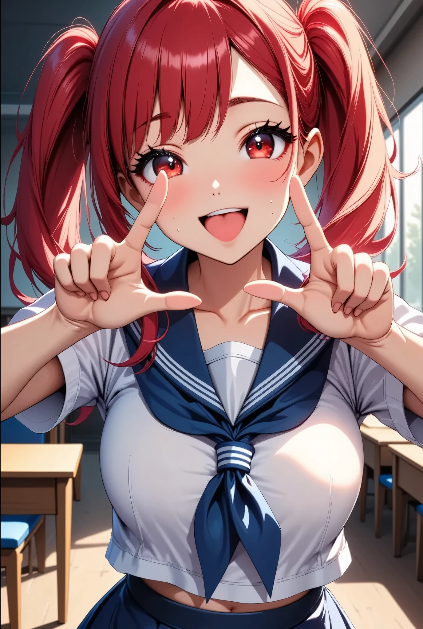 (Highest quality, 4K, High Contrast, masterpiece:1.2, Anime Style, Studio Anime,  Illustration:1.2, ray:1.2), ((One girl, Looking at the viewers with a cute pose)), Beautifully detailed eyes, Beautifully detailed lips, Highly detailed eyes and face, Long eyelashes, smile, Bright Red Hair, Pale red eyes, Twin tails:1.4, Bangs between the eyes, Eye Makeup, Moist lips, Cowboy Shot:1.4, V shape with both hands, V sign next to face, ((Sailor suit, Pleated skirt, ((School classroom:1.4)))).