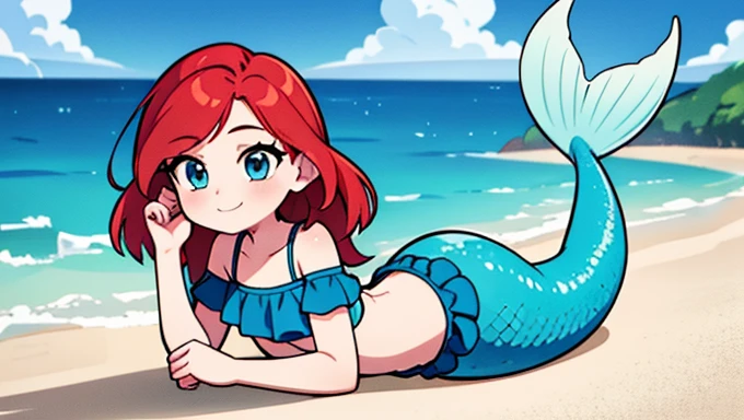 ruby, mermaid, 1 girl, Teenage, Long Red hair, Medium Hair, Blue eyes, bare shoulders, medium breast, aqua ruffle crop top, mermaid tail, scales on the mermaid’s tail, mermaid sitting on the beach, over the sea, beautiful night skies at the beach, Sexy, masterpiece, High quality. 2D illustration, 2D flat, sit down, Masterpiece, 8K, HDR, portrait, seductive smile