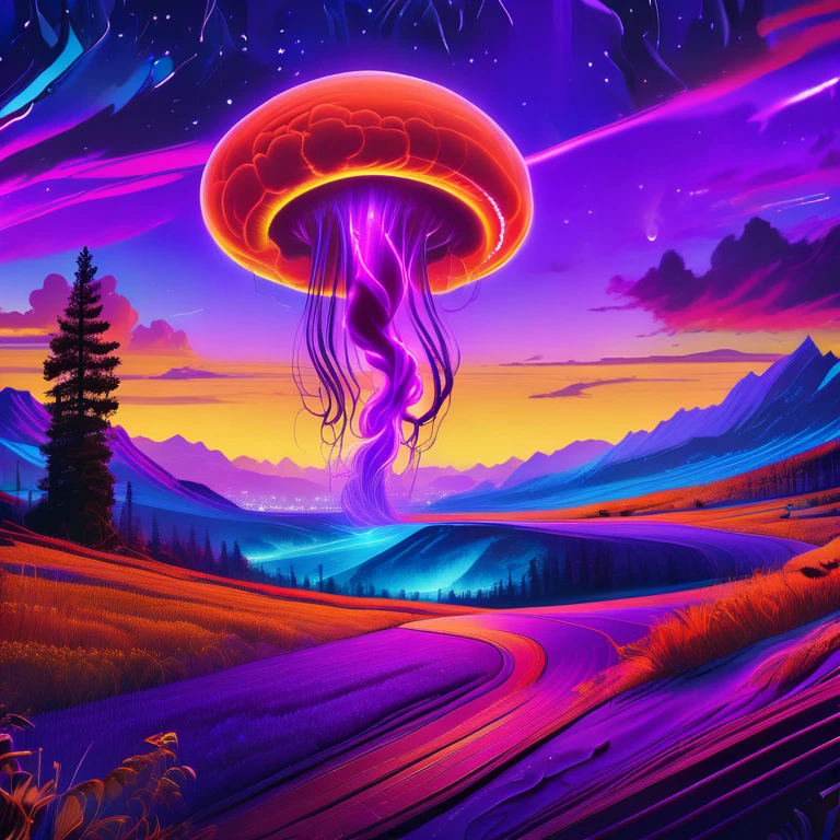 A vibrant, electric blue tornado with neon lit, glowing, swirled rainbow tendrils erupting amidst a dramatic, ominous thunderstorm with clouds of deep indigo and purple, set against a surreal, dreamlike backdrop of twinkling, starry night sky. The tornado appears to be a living entity, its funnel cloud reaching down with sinuous, claw-like fingers shaped like wisps of cloud, as if to snatch the viewer, in a mesmerizing, otherworldly scene reminiscent of the vibrant colors and dynamism of Ash Thorp's, Simon Stalenhag's, and Loish's artworks, blending elements of futurism, science fiction, and fantasy.