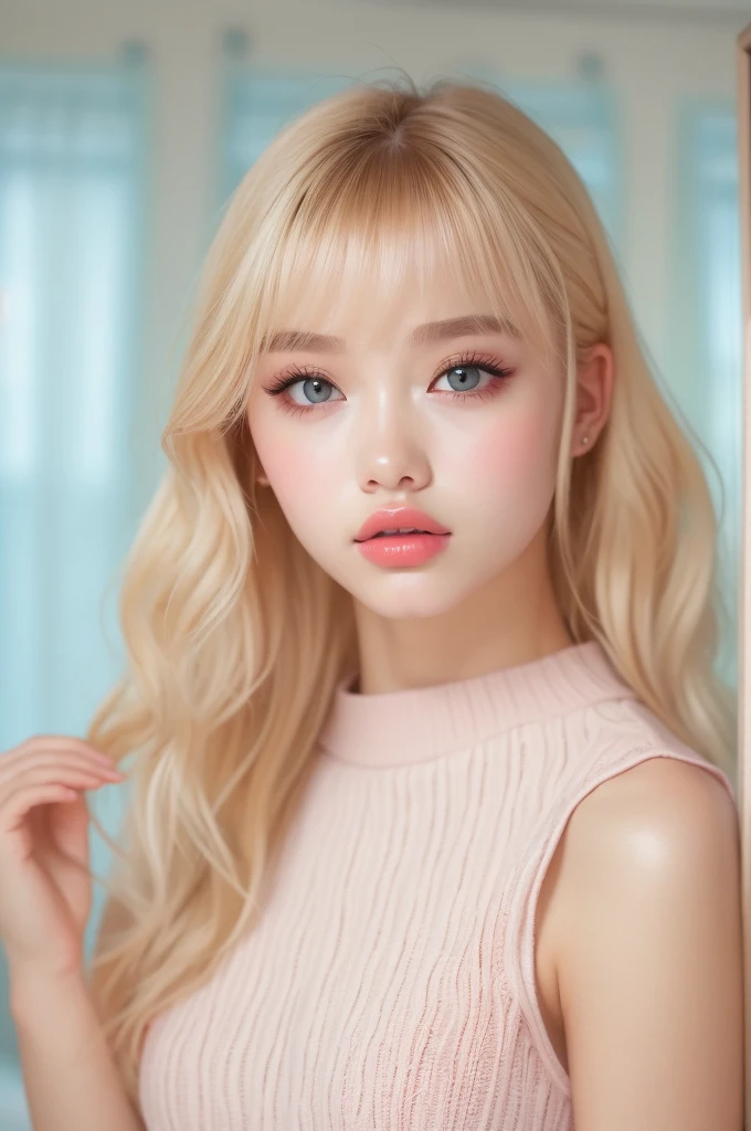 (detailed), studio lighting, hyper detailed, realistic portrait, Perfect Face.1  girl, 、Blue eyes with well-defined double eyelids and long eyelashes, in the white girly dressroom backdrop, realistic face, detailed skin, Blonde long bob hair with pink ends 、bangs covering forehead, extremely detailed lips, large mouth, full, plump, glossy light pink lips, natural-looking makeup, transparent lip gloss, with off-shoulder tops, photorealistic, ((Best Quality)), ((masterpiece)), high quality, 8k, masterpiece