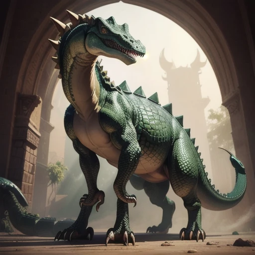 A crocodile-like dinosaur with horns and a sleek snake-like appearance
