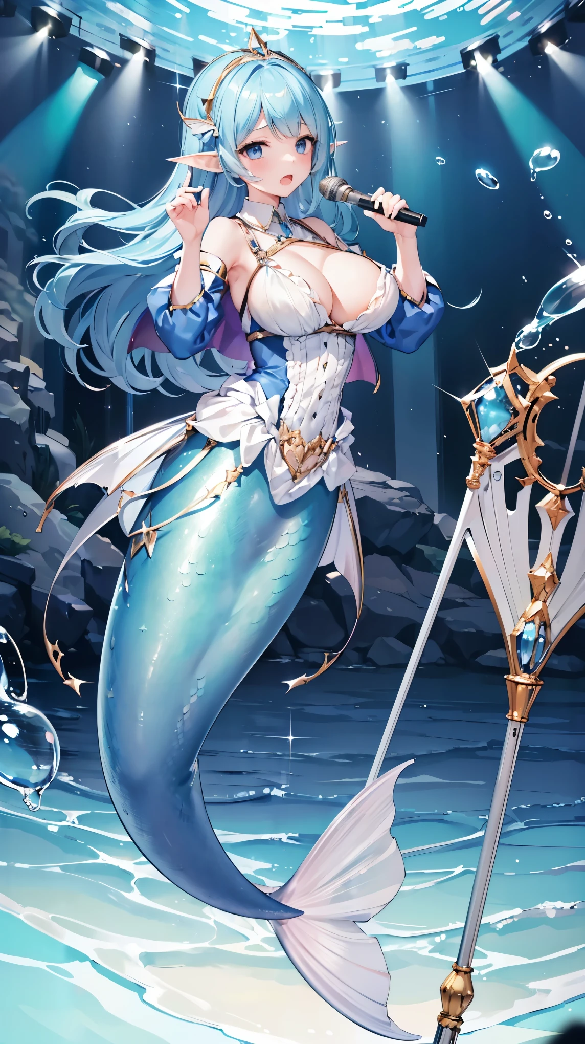 (masterpiece,Best quality),(Full fingers),A girl,Blue Hair,Blue Eyes,Elf ears,Alone,Big breasts,Mermaid,蓝色的Mermaid尾巴,Full body photo,charming face(Kawaii, charming,Soft),Holding a microphone,Open your mouth,