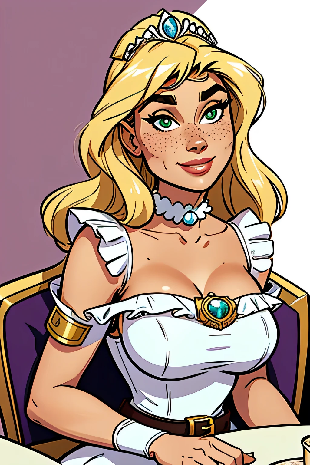 Slim athletic woman, age 25, 4K (High definition), thoughtful, seducing gaze, greeneyes, wearing a royal dress ((with v-neckline)), wearing tiara and choker, arms positioned at the side of the body, Caucasian skin, long blonde hair ((at shoulder height)), standing (upper body), curvy with freckles on her chest and neck, big round breasts. High-quality Marvel style, white background.