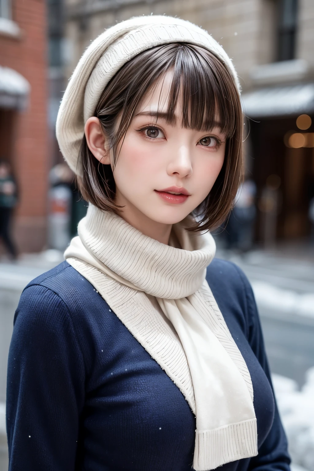 (masterpiece, Highest quality),One Girl, alone, Black-haired, scarf, Have, Realistic, Realistic, Looking at the audience, Light-coloured black eyes, Short brunette bob, Brown coat, Winter clothes, White headscarf, lips, prohibit, Plein Air, Mouth closed, Upper Body、Big eyes、eyelash、((Beautiful landscape with sparkling snow、Large snowflake motif、A beautiful snowy scene with no people around))、(((Short bob hair with bangs、Shiny Hair、Big eyes、large full chest、Highlights the eyes、Gazing at the audience、Beautiful beauty、Listen carefully、Long neck、Laugh a little、Please close your mouth and laugh、Ideal body type)))、{Huge|big|Hugeな|Mega} chest:2, chestの谷間:2、Very cute smile