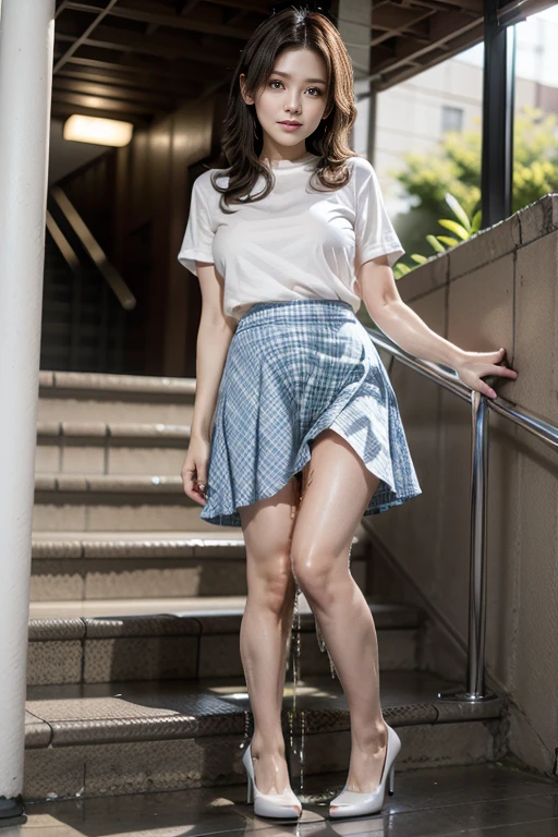 20yr old female,  very tiny miniskirt,  navy pantyhose,  blonde short fluffy very curly hair,  sun shiny day 