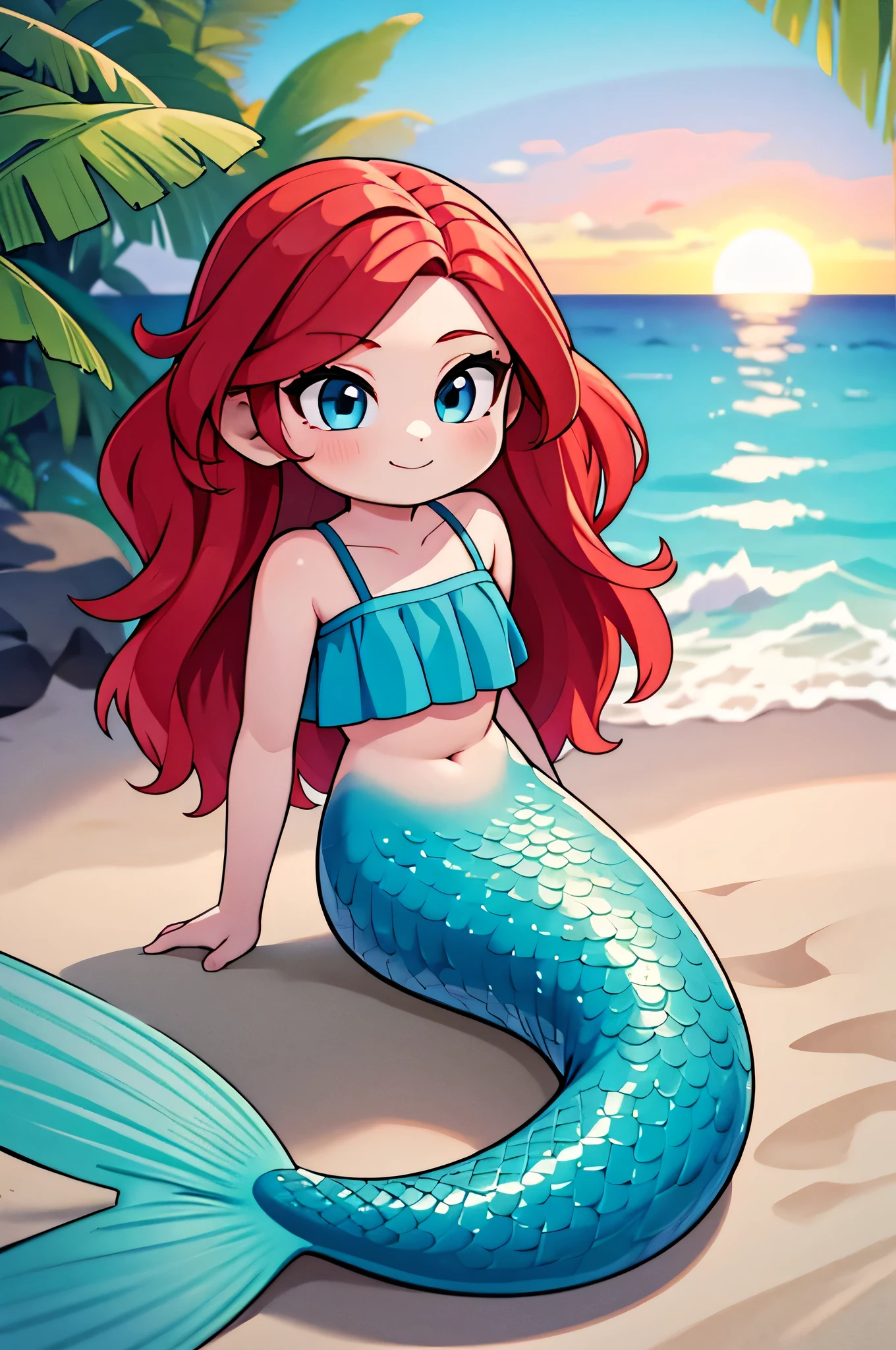 ruby, mermaid, 1 girl, Teenage, Long Red hair, Medium Hair, Blue eyes, bare shoulders, medium breast, aqua ruffle crop top, mermaid tail, scales on the mermaid’s tail, mermaid sitting on the beach, over the sea, beautiful sunrise at the beach, Sexy, masterpiece, High quality. 2D illustration, 2D flat, sit down, Masterpiece, 8K, HDR, portrait, seductive smile