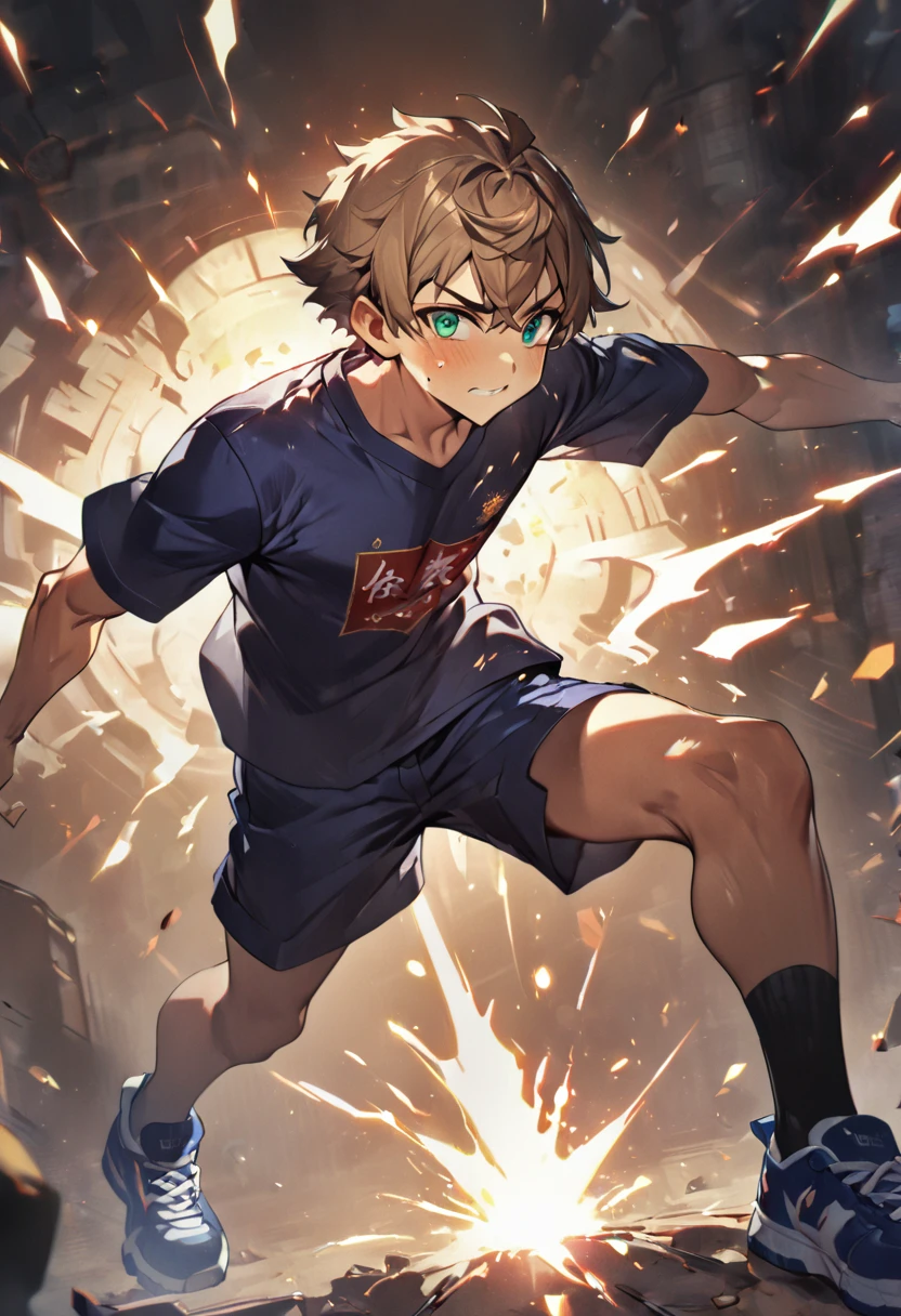  boy, medium dark blonde hair, green eyes, face with pimples, braces, normal physique, sparks around him, Master Kame school shirt, blue shorts, dark blue sneakers, 8k high definition and high definition in the details