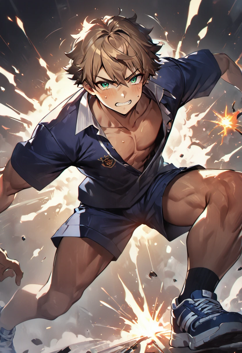  boy, medium dark blonde hair, green eyes, face with pimples, braces, normal physique, sparks around him, Master Kame school shirt, blue shorts, dark blue sneakers, 8k high definition and high definition in the details