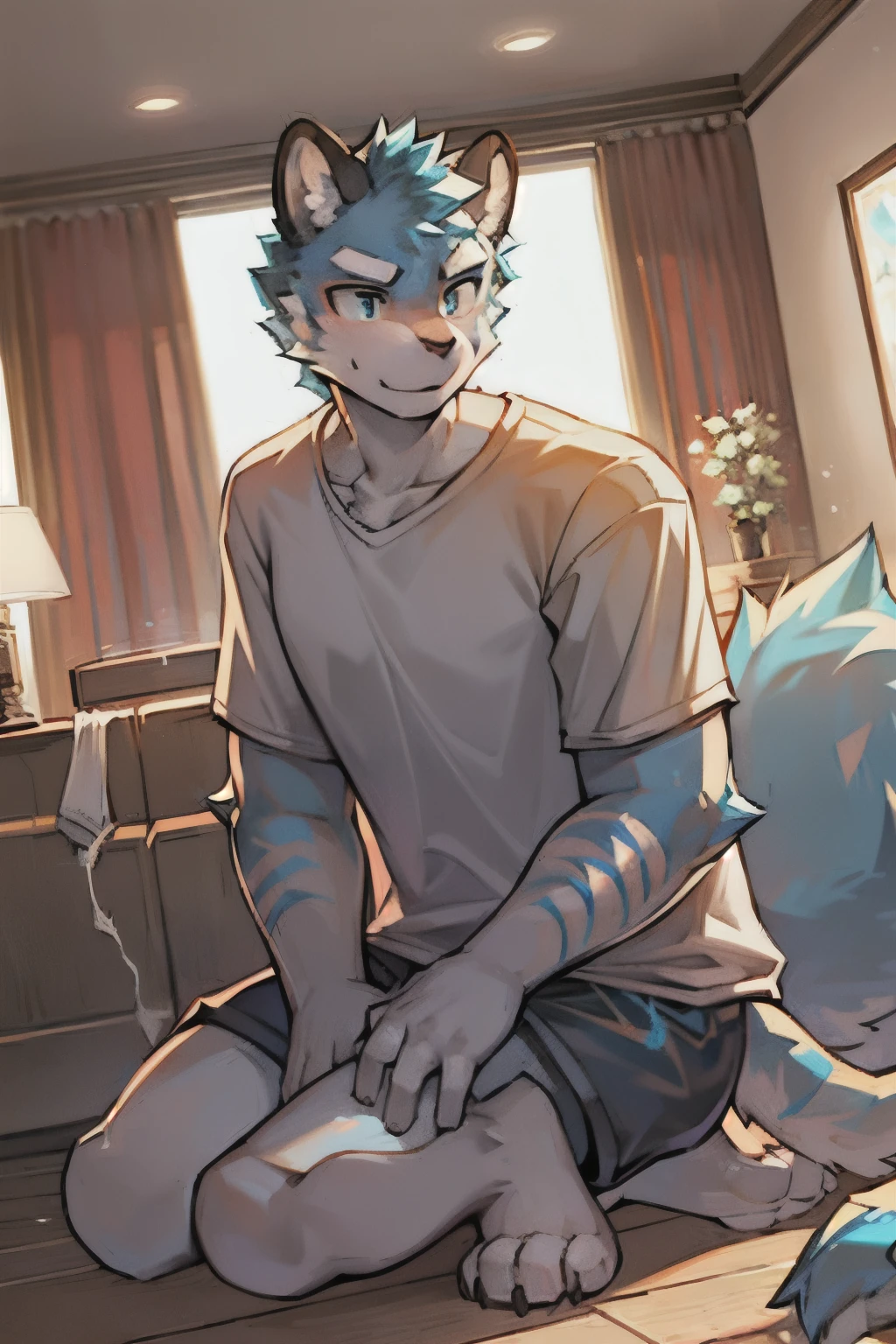 masterpiece, high quality, H, number \(artwork\), Volumetric lighting, male, ((alone))_tiger,The tips of the ears and the tips of the tail are blue hairs,There is a lightning-shaped imprint on the right side of the face,Get on his knees,White
sports T-shirts and shorts,in the living room,Look at the camera