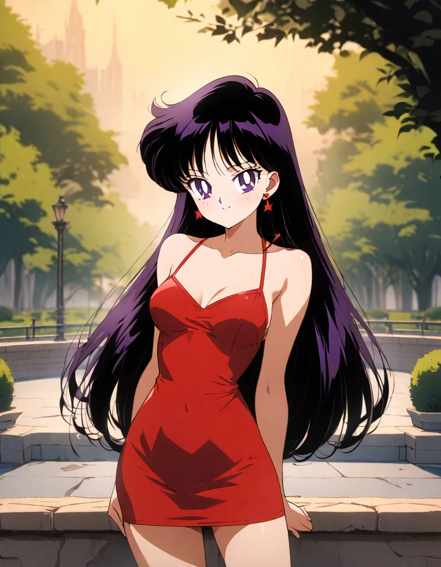 masterpiece, best quality, intricate details, 4k, aamars, long hair, black hair, earrings, standing up, collarbone, bare shoulders, taut dress, spaghetti strap, red dress, sleeveless, seductive smile, posing, medium breast, park background, looking at viewers, cowboy shot, 1girl, solo, 1990s \(style\),