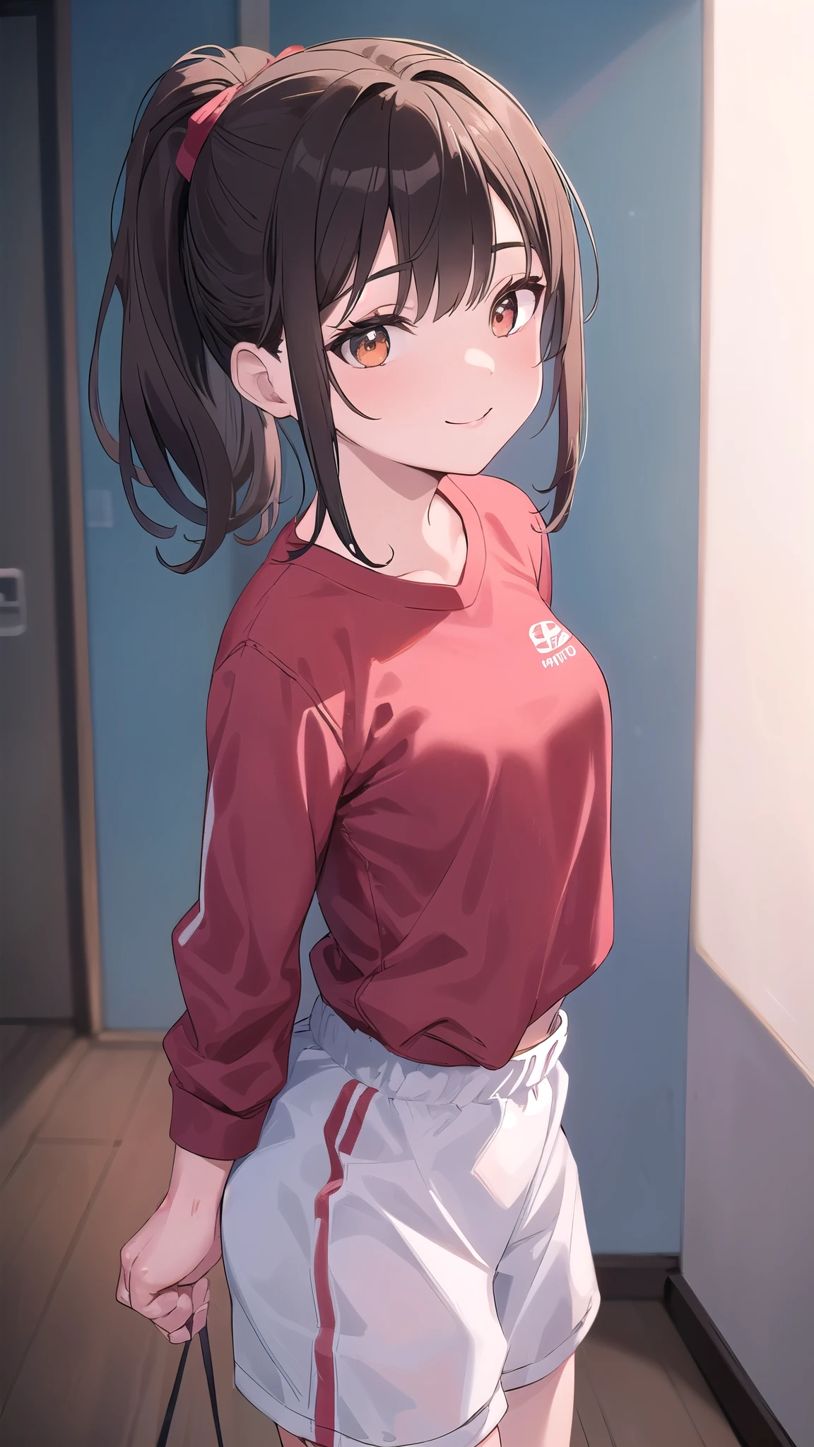 anegasaki nene、Shiny brown hair, short hair, (Beautiful brown eyes、Sparkling eyes, Fine grain)、smile、Ultra-detailed eyes、Highly detailed face, Highly detailed eyes,Cowboy Shot、
Very short stature, Very thin thighs,Red shorts,Red camisole, Highest quality,
(((Twin-tailed Girl))),(((Cute pose))),(((blush))),(((Cute voice))),
, Shy Kagami Mochi、shrine,Bruises and gestures,