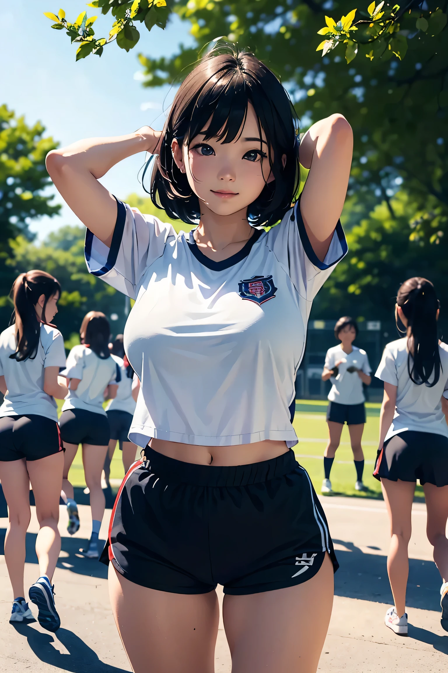muste piece、masterpiece、highest quality、Super detailed、High resolution、8K portrait、High definition CG of Unity 8k wallpaper、cute type little:1.5、Lori:1.5、Highly detailed CG unity 8k wallpaper、Realistic、real person、 portrait photography、shiny skin、High definition、(16 years old:1.2)、(1 girl)、beautiful clear eyes、extremely detailed description、delicate face、nice lips、slender body、small breasts 同 thin waist、thin legs、(Atlantic stadium track:1.6)、1 girl, cute type, perfect face, seriously, (blush:1.5),(brown hair bob hair:1.3),small breasts 同,((short sleeve gym clothes:1.2)),((clothes lift:1.5)), ((half nude:1.3)),((?????? in vagina:1.5)),(looking at view:1.2),(from front:1.2),(squat:1.2),(hands behind head:1.3),gran