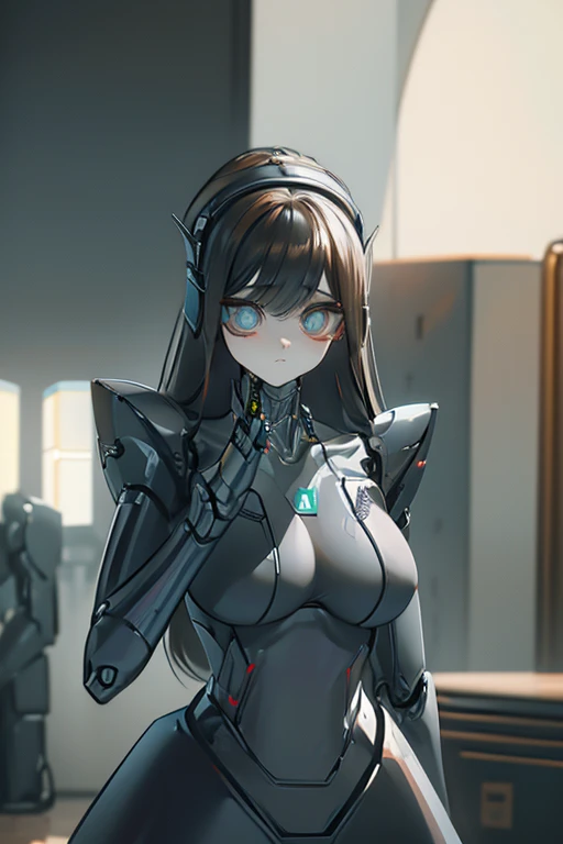 (masterpiece),(Highest quality),(Super detailed),(Best illustrations),(Best Shadow),(Absurd),(Detailed Background),(so beautiful), 16K, 8K, 4K,(Best Shadow),empty eyes,robotization,woman ,big bust,Robot Joint ,Metal skin,Black Suit,long hair,a black suit that covers the whole body