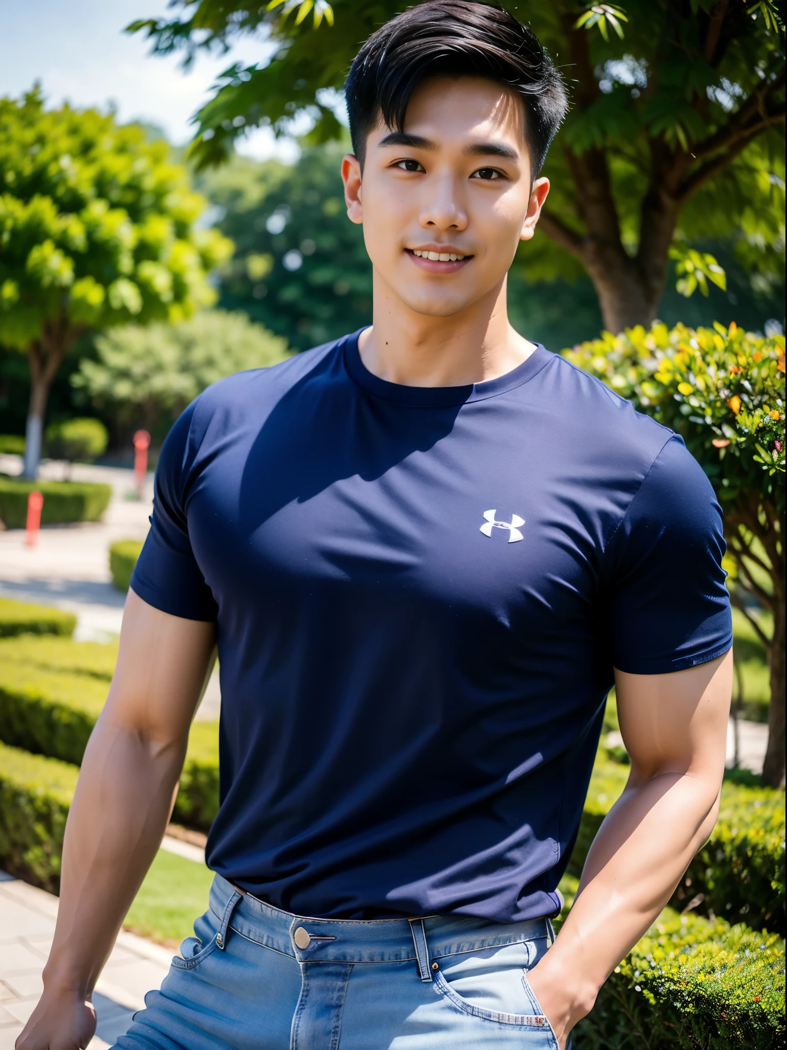 1 man, smile, (Wear a navy round neck shirt., short sleeve shirt ยี่ห้อ under armor), (Jeans), (Korean guy) , korean men, (Lifelike lighting), chest muscles, Big arm muscles, blood vessel, big muscles, Broad shoulders, looking at the audience, Balancing the eyeake eye contact), sit in the shade,(boke blur:1.5),(University in the city:1.6),