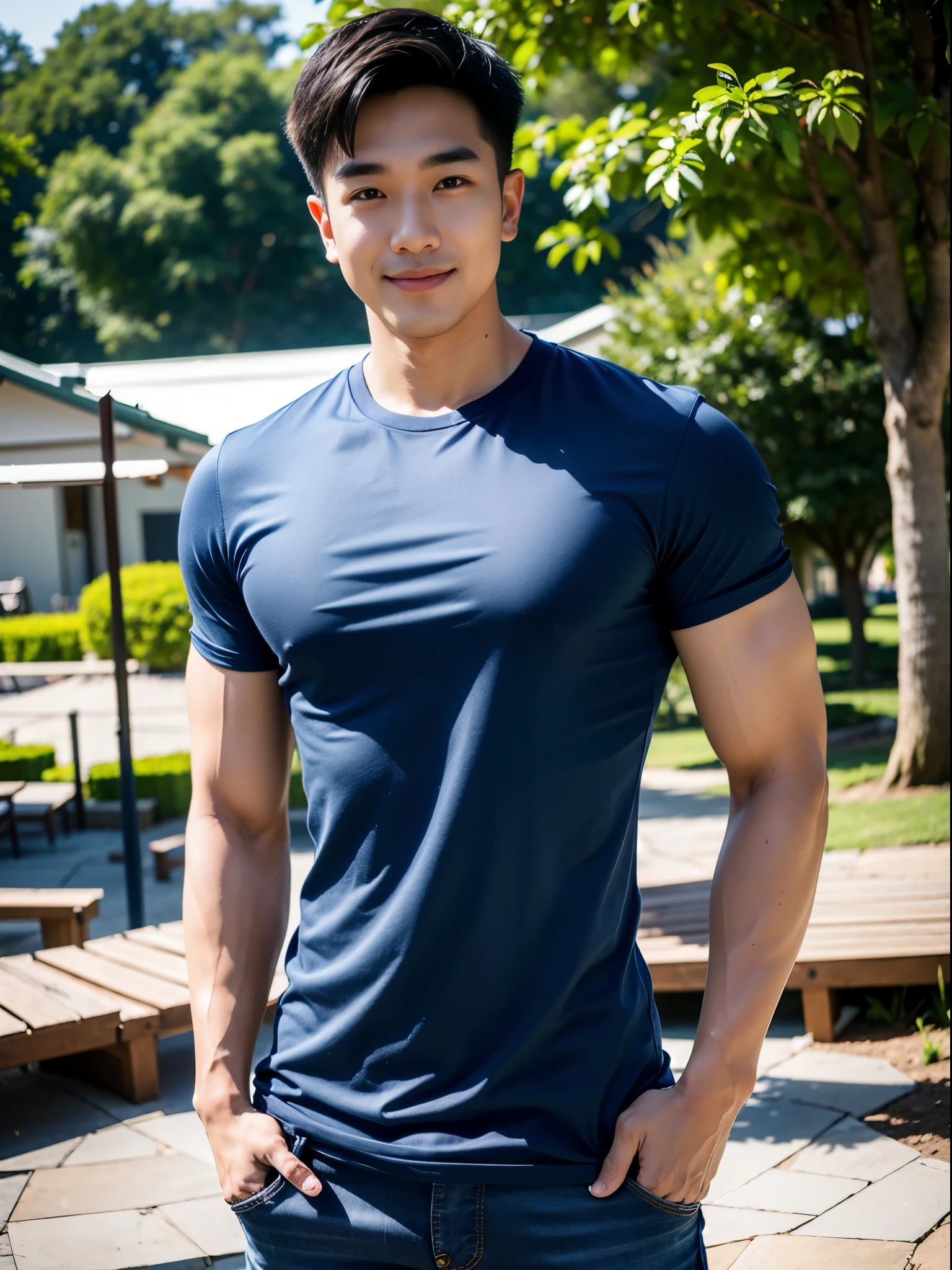 1 man, smile, (Wear a navy round neck shirt., short sleeve shirt ยี่ห้อ under armor), (Jeans), (Korean guy) , korean men, (Lifelike lighting), chest muscles, Big arm muscles, blood vessel, big muscles, Broad shoulders, looking at the audience, Balancing the eyeake eye contact), sit in the shade,(boke blur:1.5),(University in the city:1.6),