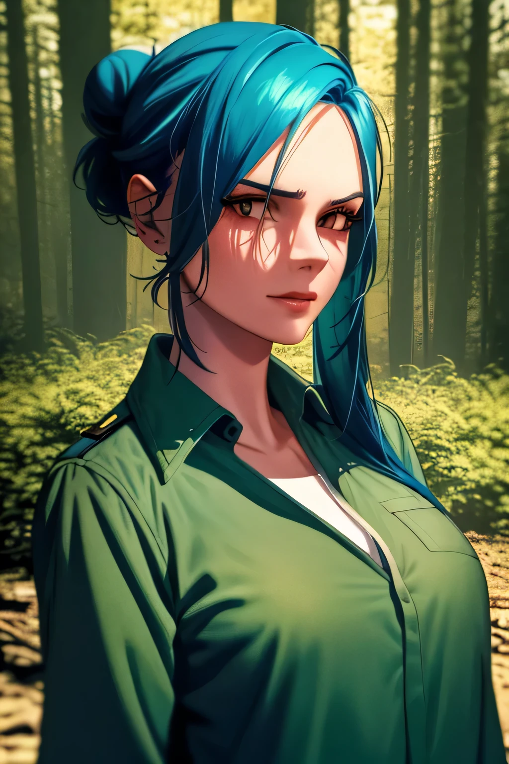 portrait of Leona Heider, a beautiful and beautiful woman with blue hair and hair tied in a bun and wearing an army green outfit with camouflage leaf designs, forest landscape background by ilya kuvshinov and annie leibowitz. synthwave watercolor painting on canvas, trends in artstation and deviantart, dramatic lighting abstract expressionism pastel tones tones (hd) golden ratio details aesthetics octane rendering excellent rendering composition natural textures 8k oil painting masterpiece canon eos r4s 50