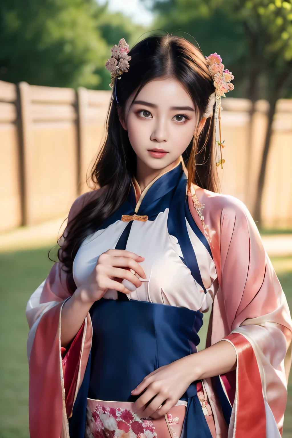 1 girl，(Best quality, masterpiece:1.2), Looks super detailed，，Off-shoulder dress,Chinese Princess, (Pink belly pocket） ( Hanfu：1.3, )，Imagine，Background blur